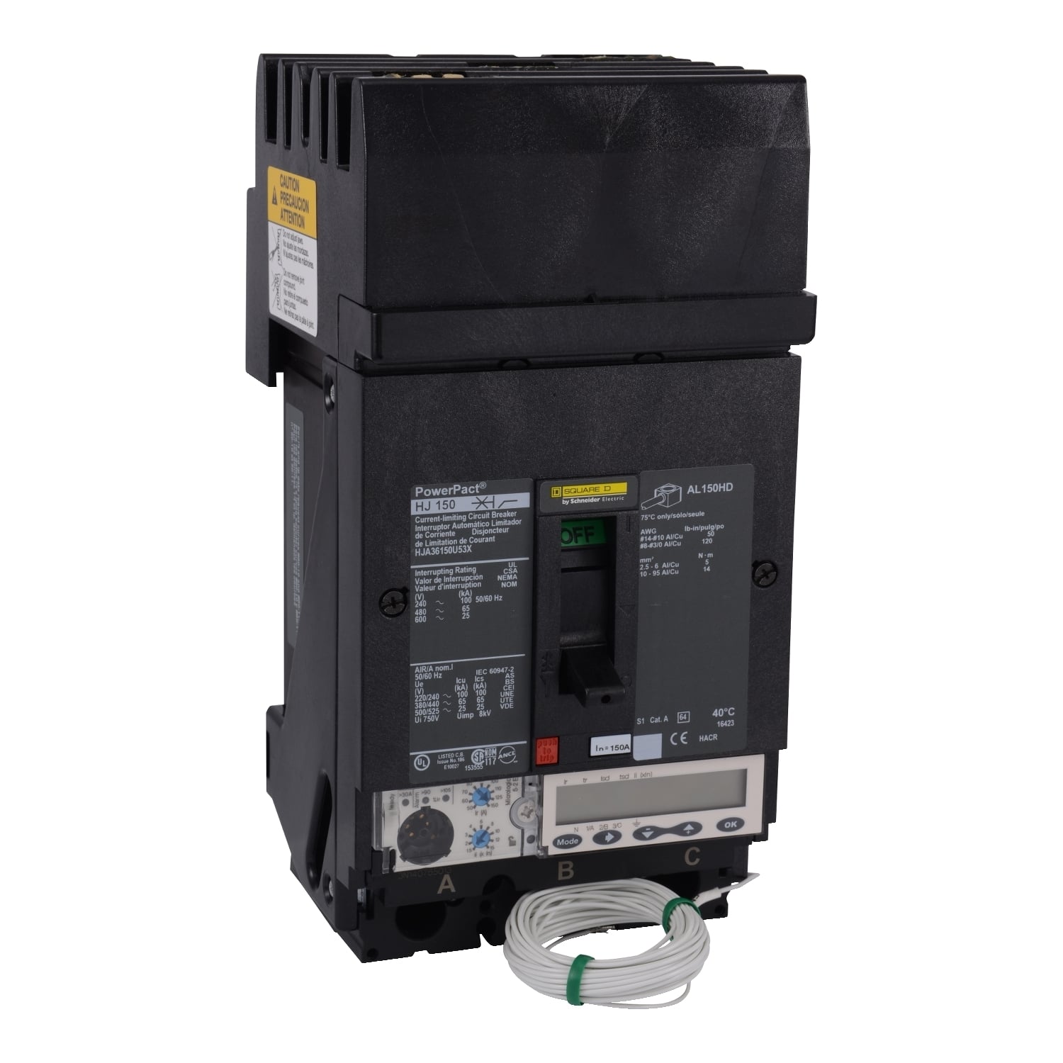 HJA36150U53X PowerPact Molded Case Circuit Breaker, 600 V AC, 150 A, 25 kA at 600 V AC Interrupt, 3 Poles, Electronic Trip