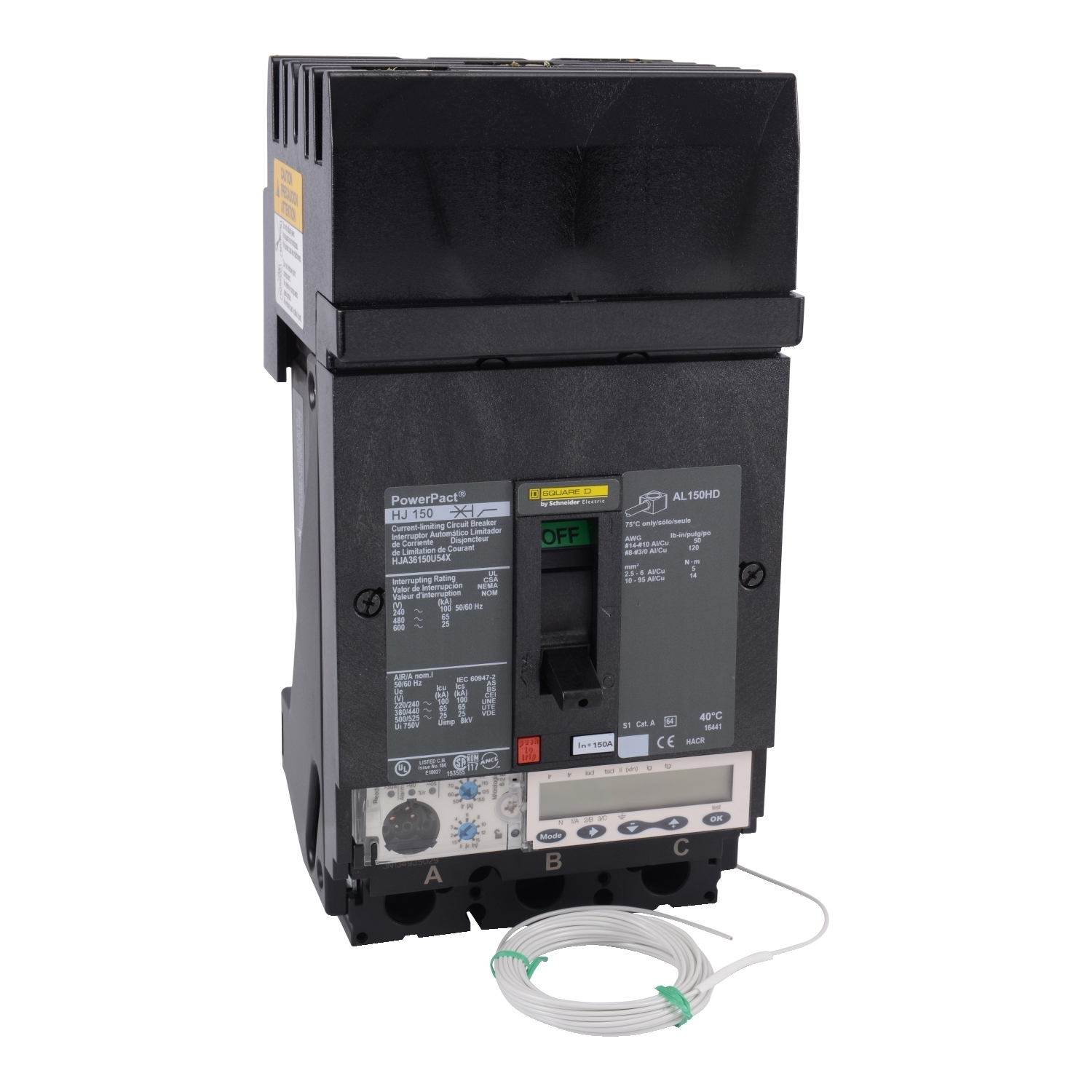 HJA36150U54X PowerPact Molded Case Circuit Breaker, 600 V AC, 150 A, 25 kA Interrupt, 3 Poles, Electronic Trip