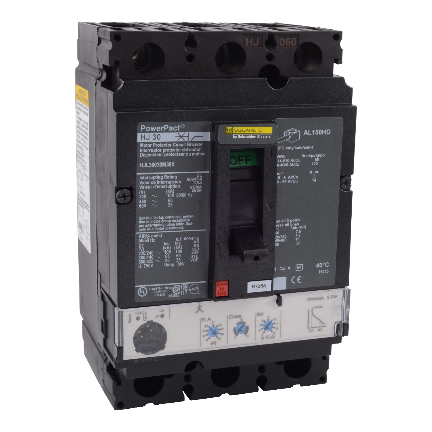 HJL36050M38X PowerPact Motor Circuit Protector, 600 V AC, 50 A, 25 Interrupt, 3 Poles, Magnetic Trip