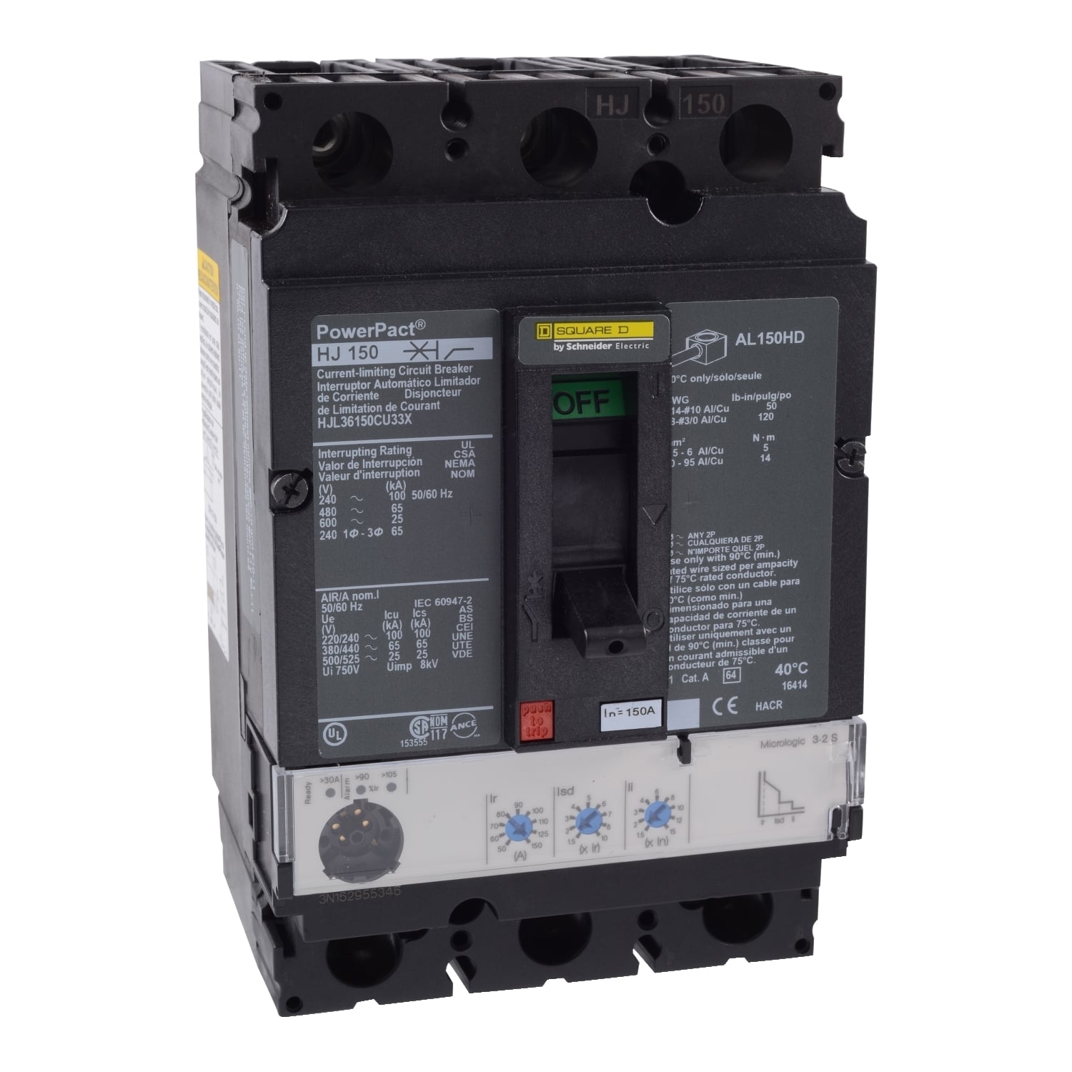 HJL36150CU33X PowerPact Molded Case Circuit Breaker, 600 V AC, 150 A, 25 kA at 600 V AC Interrupt, 3 Poles, Electronic Trip