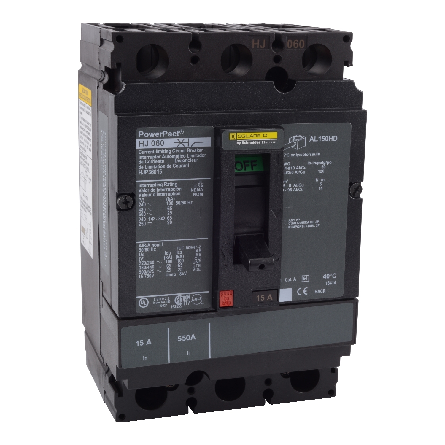 HJP36110 PowerPact Molded Case Circuit Breaker, 600 V AC, 110 A, 25 kA Interrupt, 3 Poles, Thermal Magnetic Trip