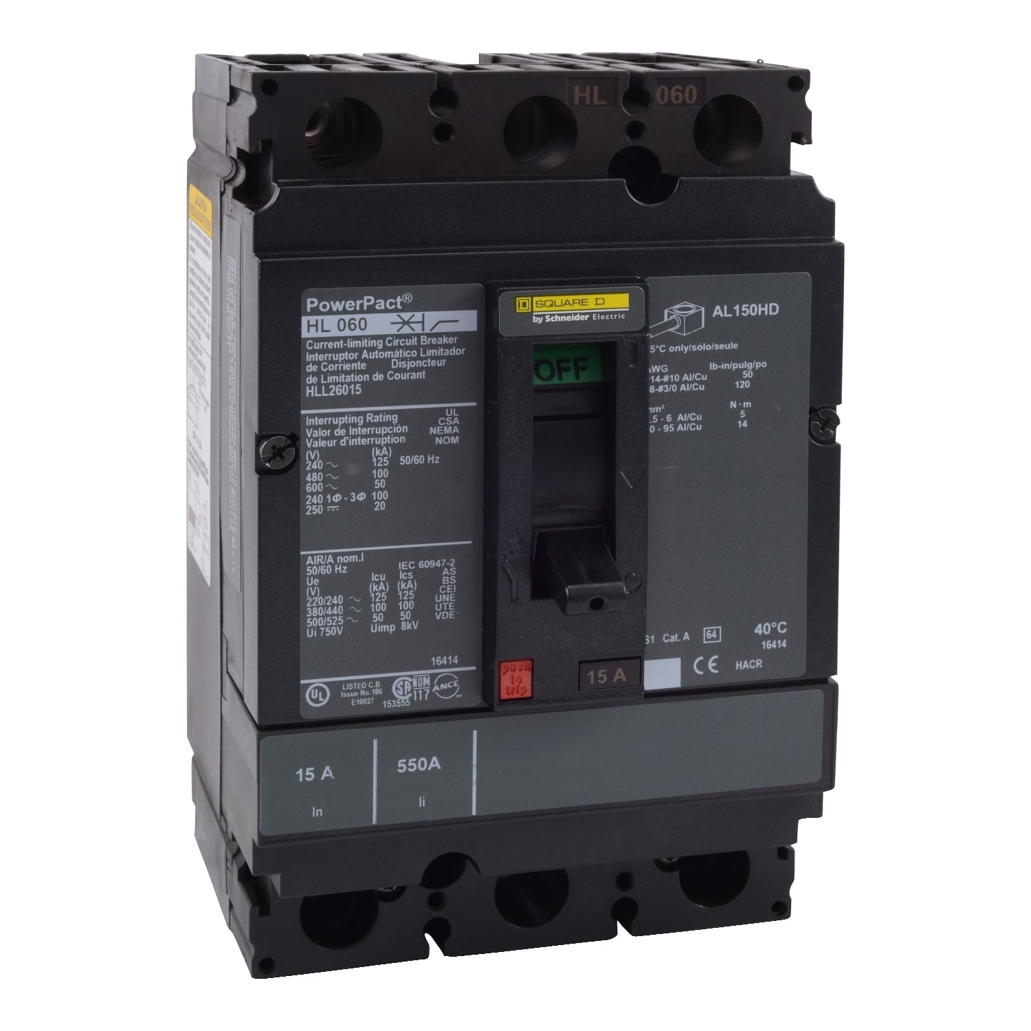 HLL26060 PowerPact Molded Case Circuit Breaker, 600 V AC, 60 A, 50 kA Interrupt, 2 Poles, Thermal Magnetic Trip