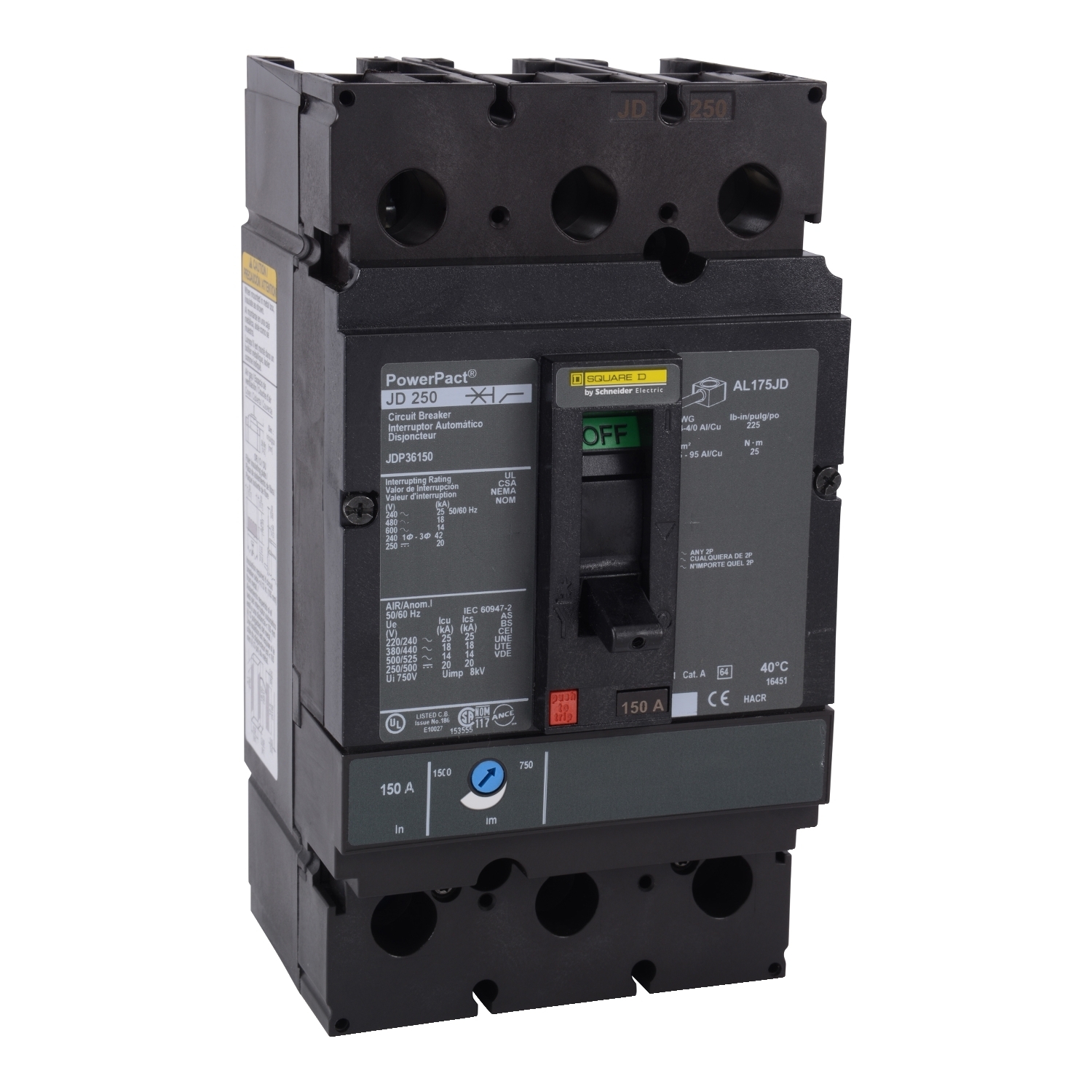 JDP36150 PowerPact Molded Case Circuit Breaker, 600 V AC, 150 A, 14 kA Interrupt, 3 Poles, ThermaMagnetic Trip