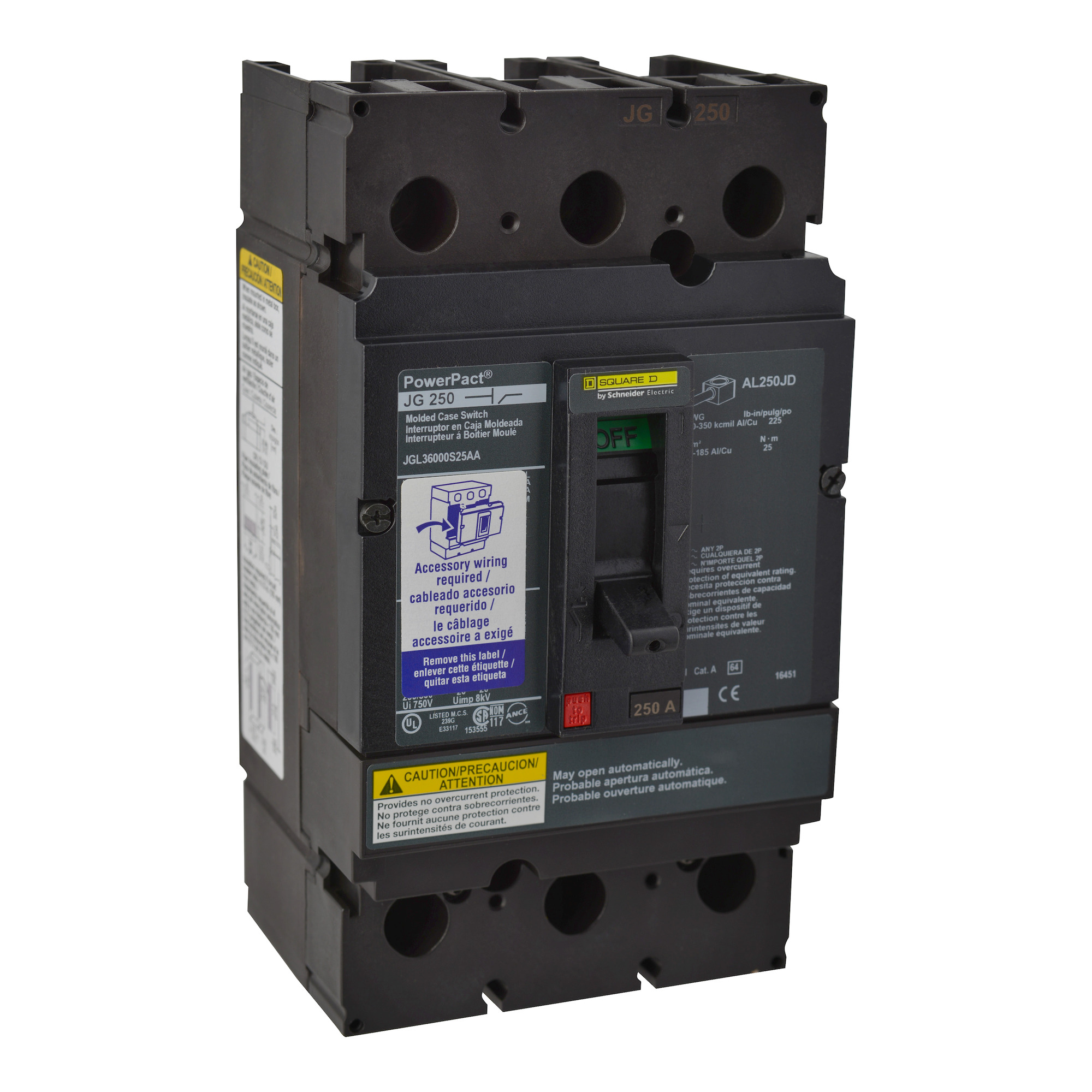 JGL36000S25AA PowerPact Molded Case Automatic Switch, 600 V AC, 250 A, 18 kA Interrupt, 3 Poles, Thermal Magnetic Trip