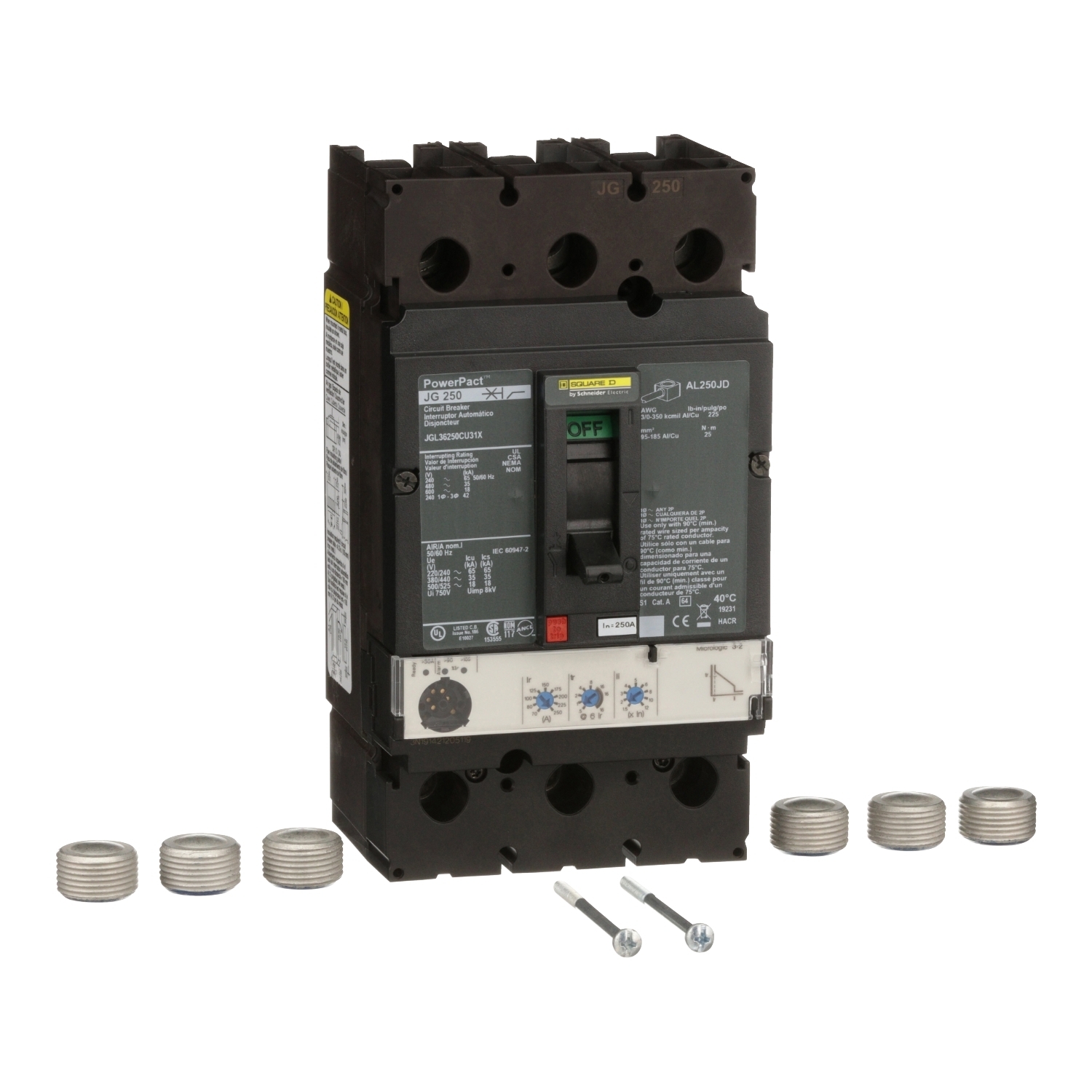 JGM36250U31X PowerPact Molded Case Circuit Breaker, 600 V AC, 250 A, 18 kA Interrupt, 3 Poles, Electronic Trip
