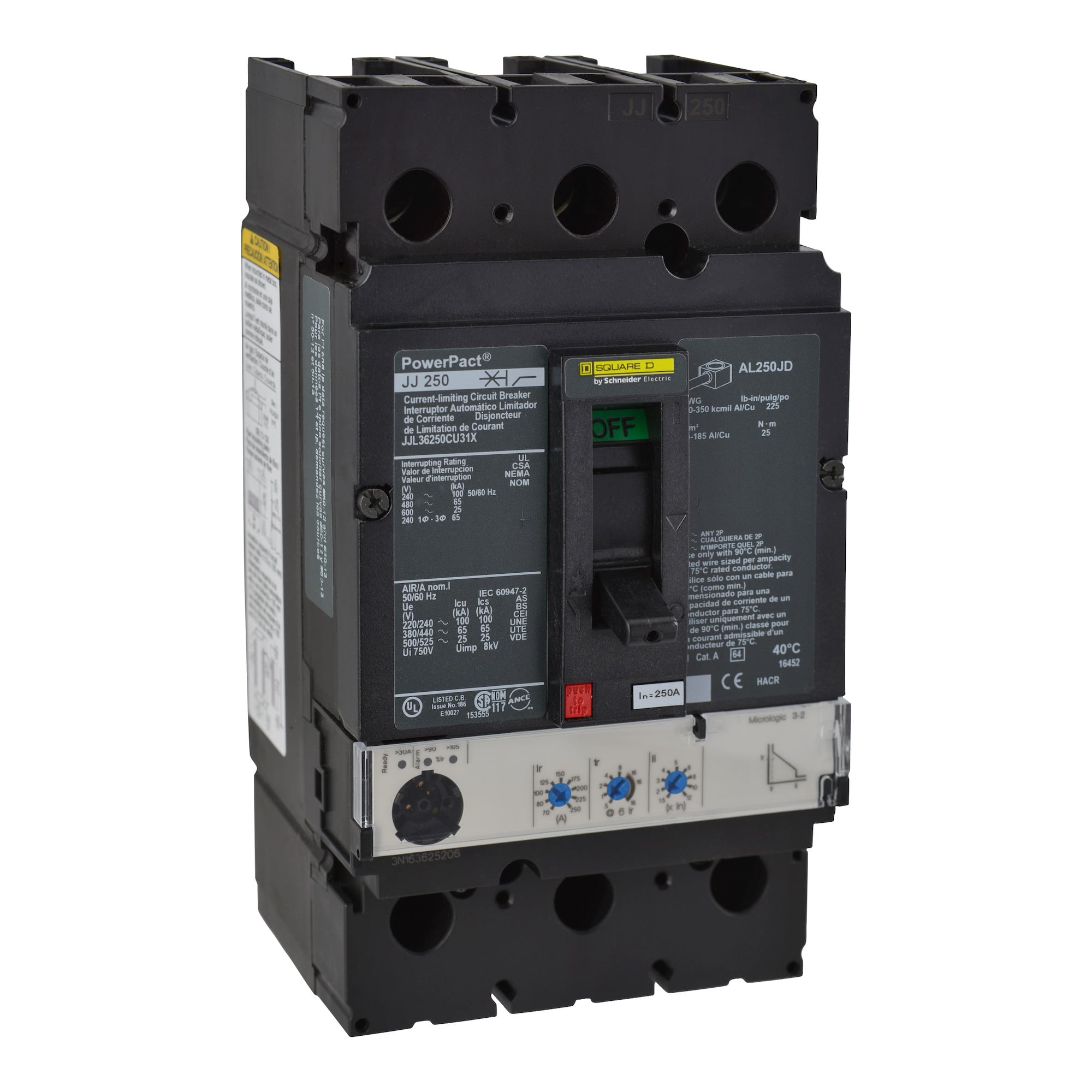 Circuit breaker, PowerPacT J, 250A, 3 pole, 480VAC, 65kA, lugs, Micrologic 3.2S, 80%, mission critical
