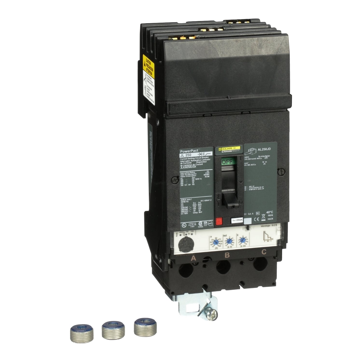 JLA36250U33X PowerPact Molded Case Circuit Breaker, 600 V AC, 250 A, 50 kA at 600 V AC Interrupt, 3 Poles, Electronic Trip