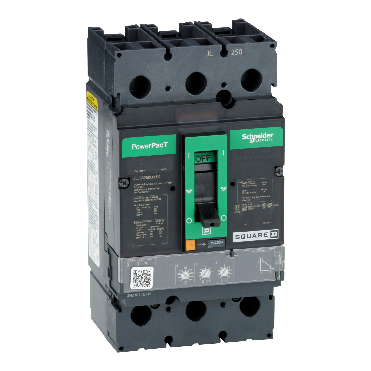 JLL36250U31X PowerPact Molded Case Circuit Breaker, 600 V AC, 250 A, 50 kA Interrupt, 3 Poles, Electronic Trip