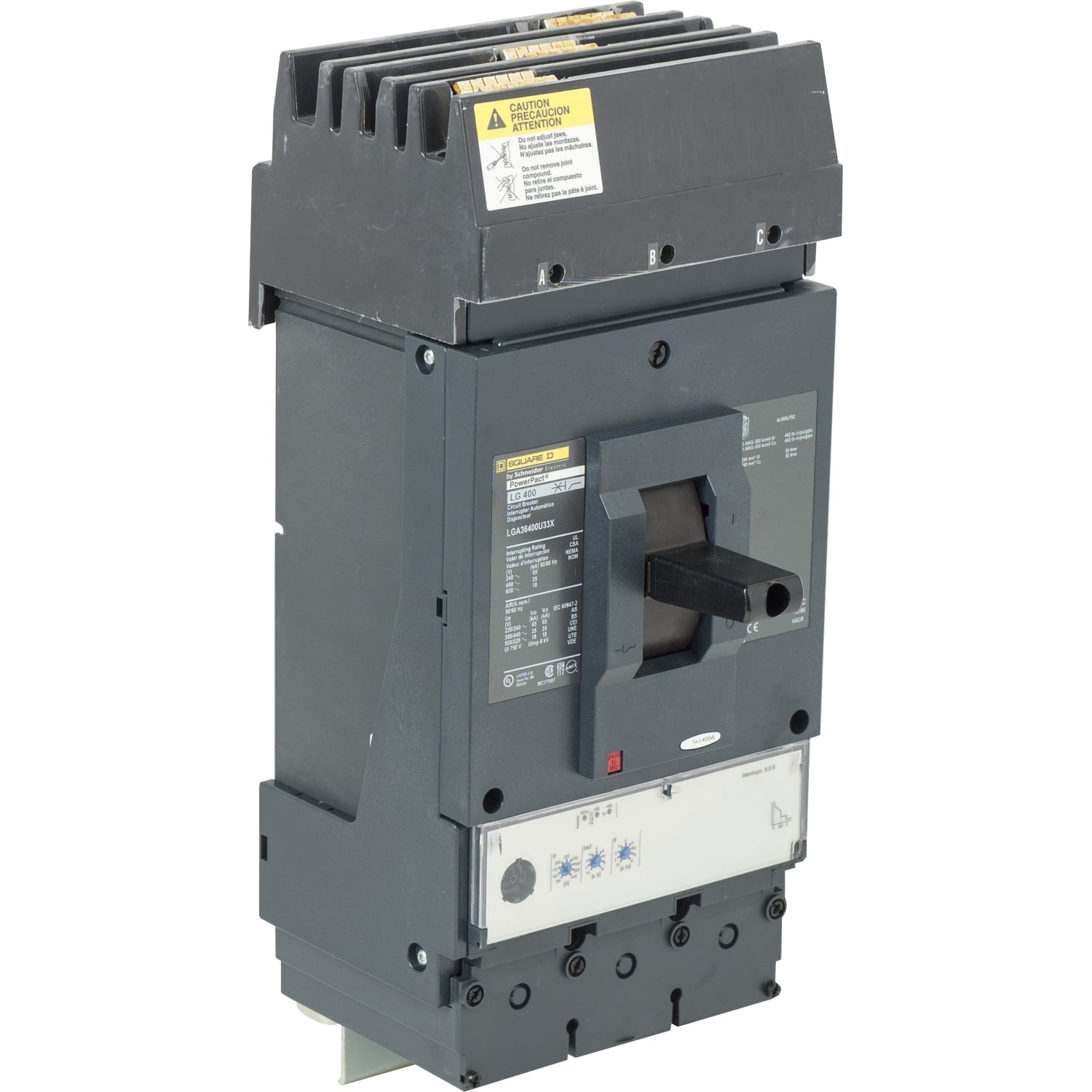 LGA34400WU33X PowerPact Molded Case Circuit Breaker, 480 V AC, 400 A, 35 kA Interrupt, 3 Poles, Electronic Trip