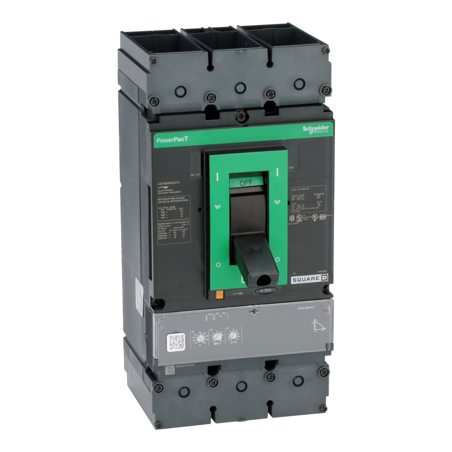 LGF36250U31X PowerPact Molded Case Circuit Breaker, 600 V AC, 250 A, 18 kA Interrupt, 3 Poles, Electronic Trip