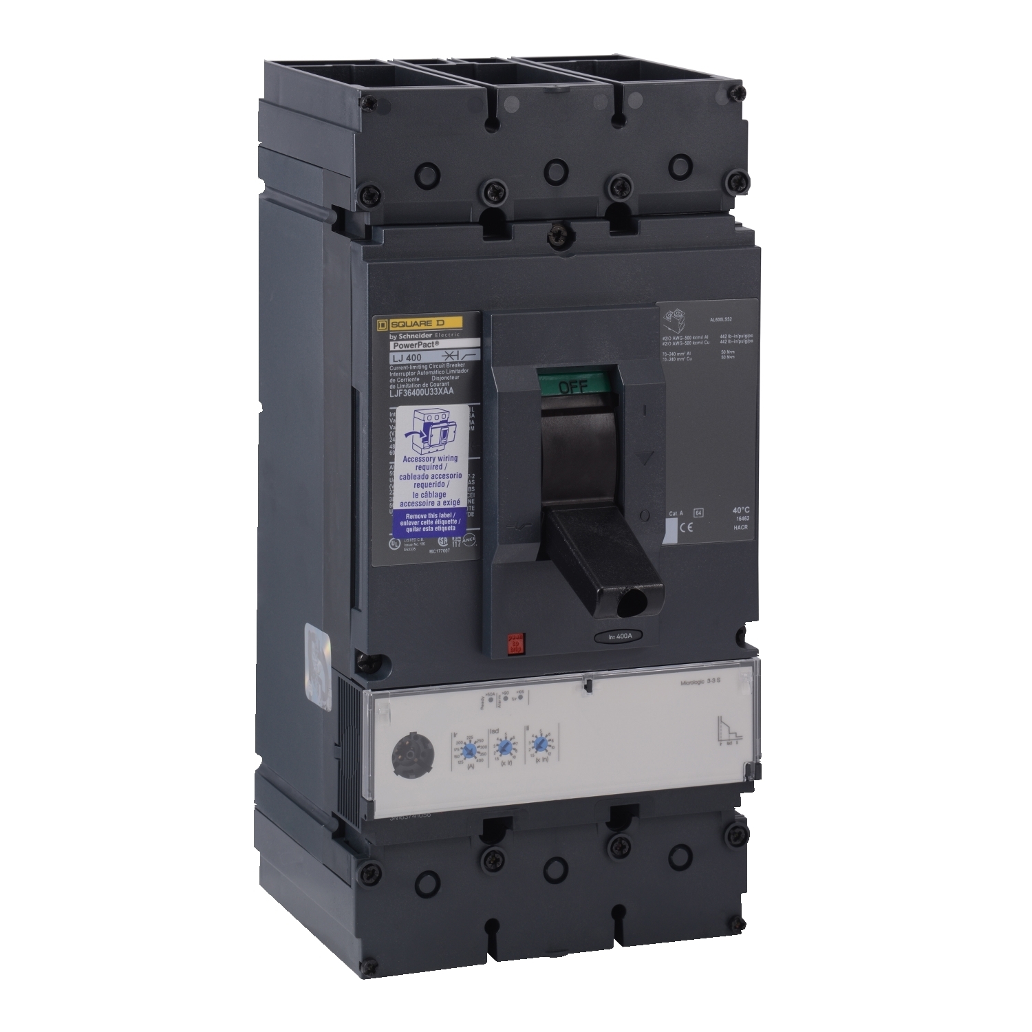 LJF36400U33X PowerPact Molded Case Circuit Breaker, 600 V AC, 400 A, 25 kA Interrupt, 3 Poles, Electronic Trip