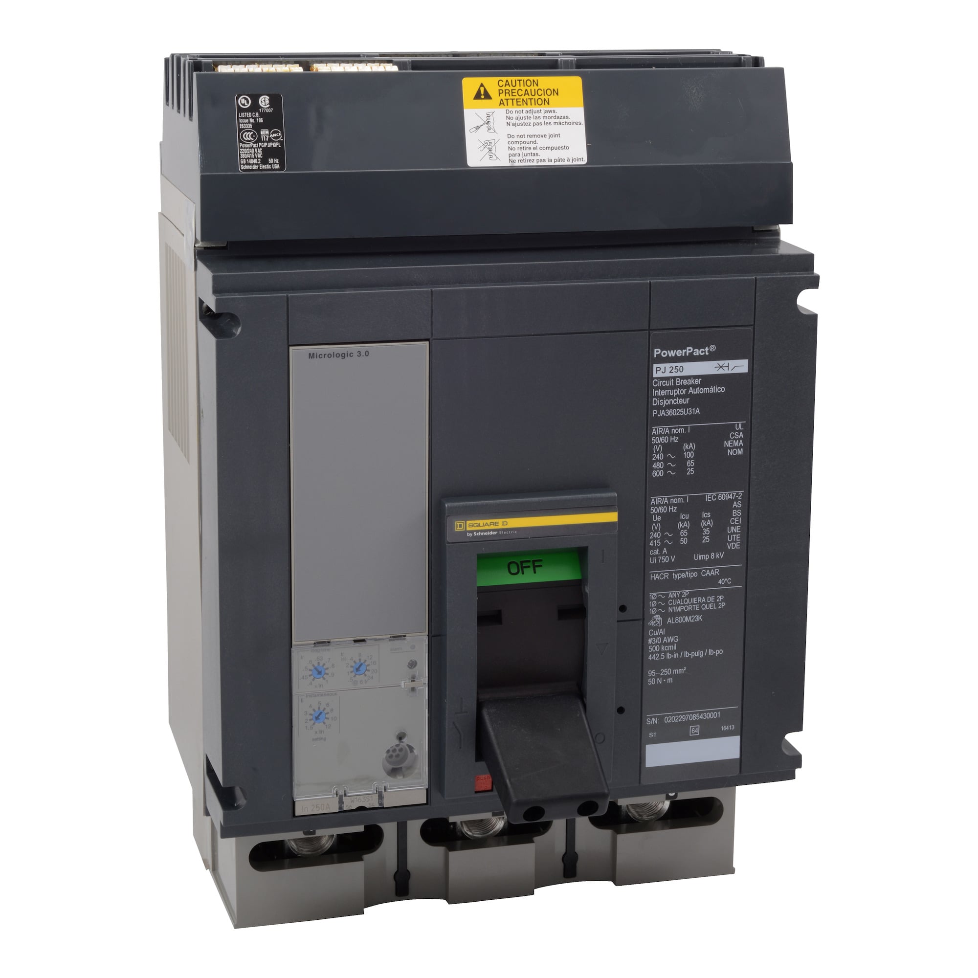 PJA36080CU63AE1 PowerPact MasterPact Molded Case Circuit Breaker, 600 V AC, 800 A, 25 kA Interrupt, 3 Poles, Electronic Trip
