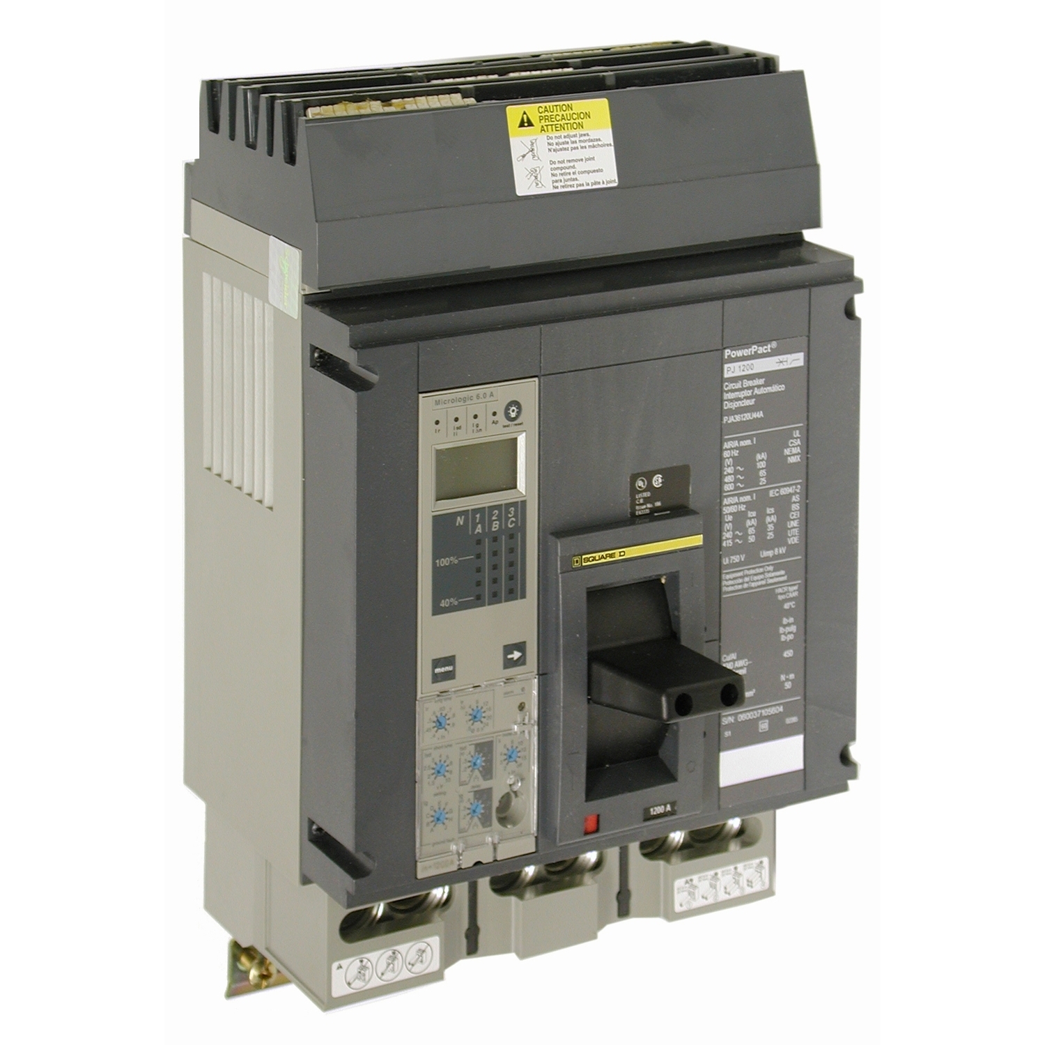 PJA36120U64AE1 PowerPact MasterPact Molded Case Circuit Breaker, 600 V AC, 1200 A, 25 kA Interrupt, 3 Poles, Electronic Trip