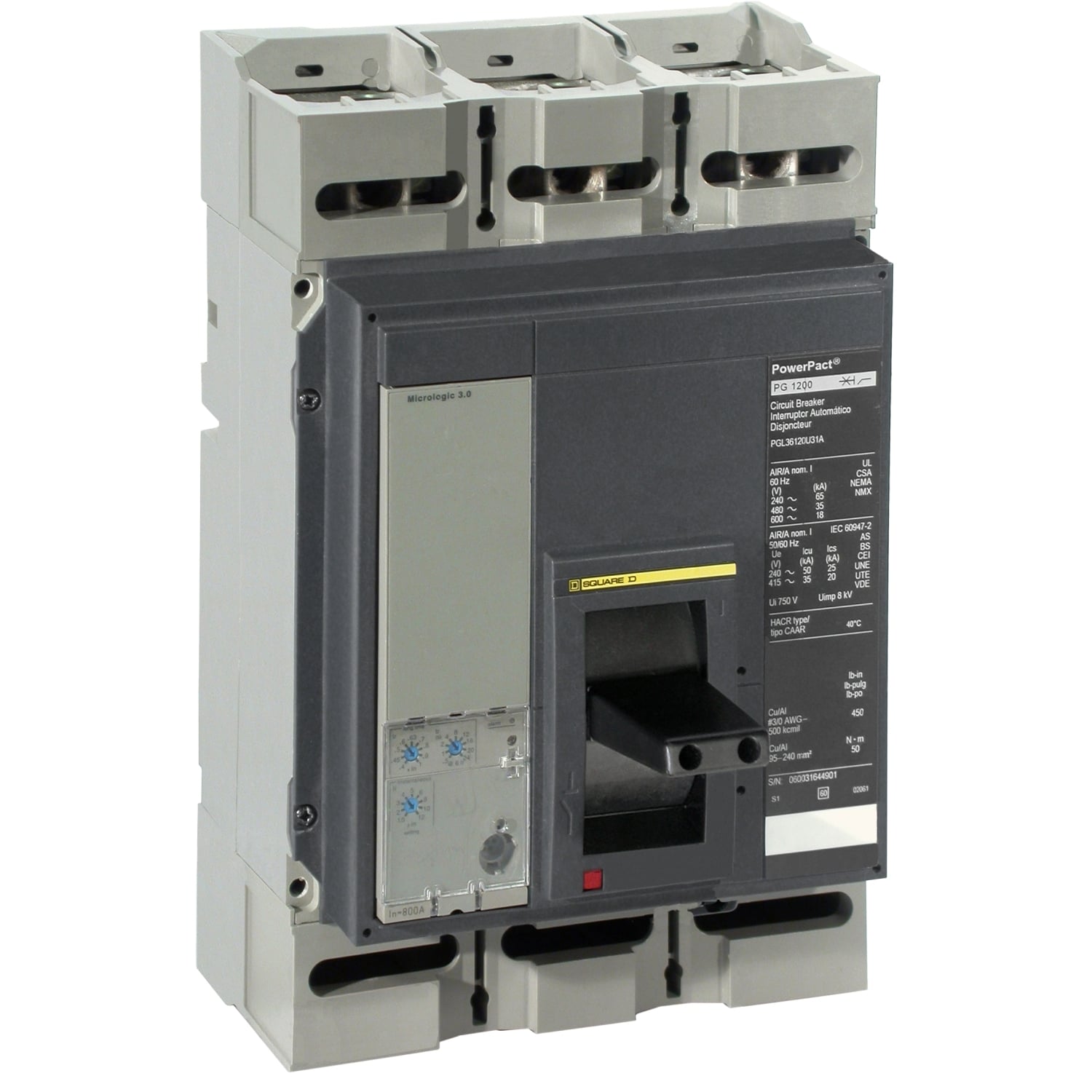 PLL34080U33A PowerPact MasterPact Molded Case Circuit Breaker, 480 V AC, 800 A, 100 kA Interrupt, 3 Poles, Electronic Trip