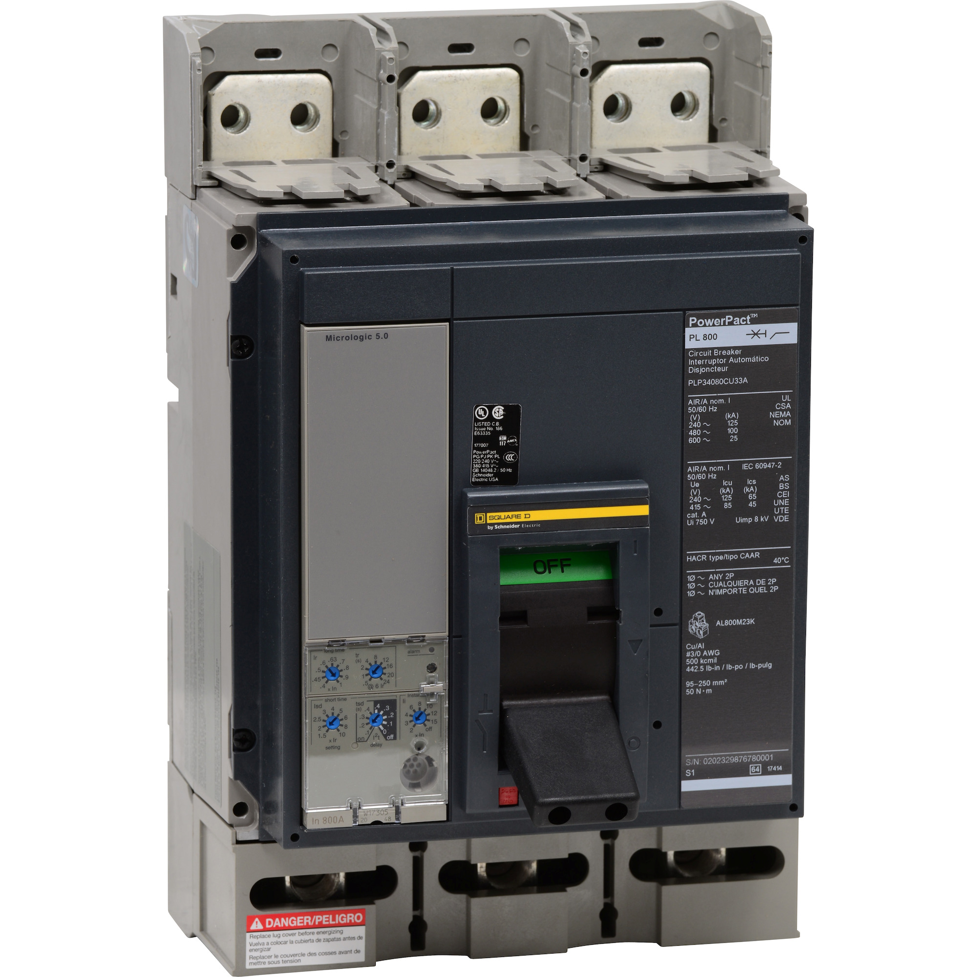 PLP34080CU33A PowerPact MasterPact Molded Case Circuit Breaker, 480 V AC, 800 A, 100 kA Interrupt, 3 Poles, Electronic Trip