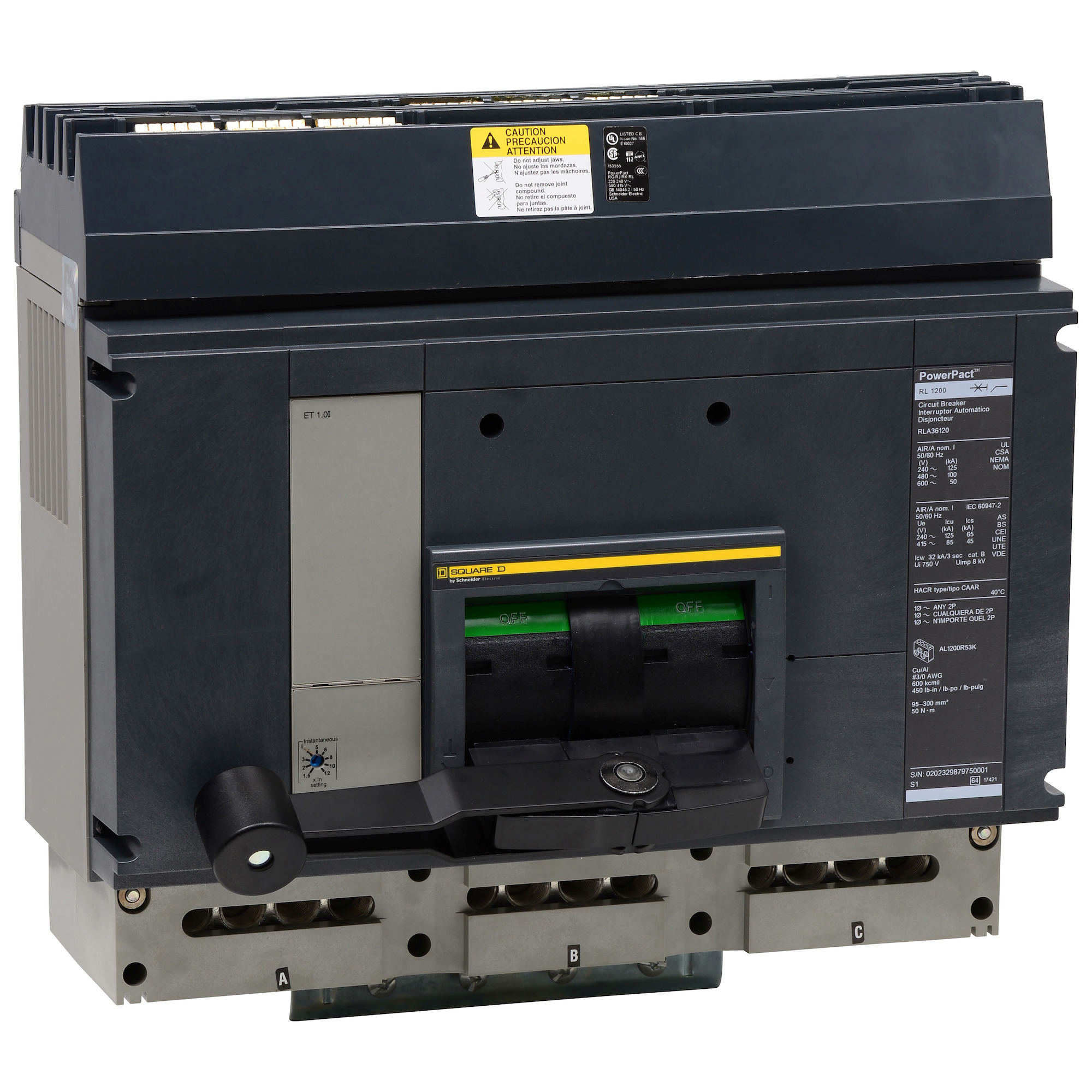 RKA36100CU43A PowerPact MasterPact Molded Case Circuit Breaker, 600 V AC, 1000 A, 65 kA Interrupt, 3 Poles, Electronic Trip
