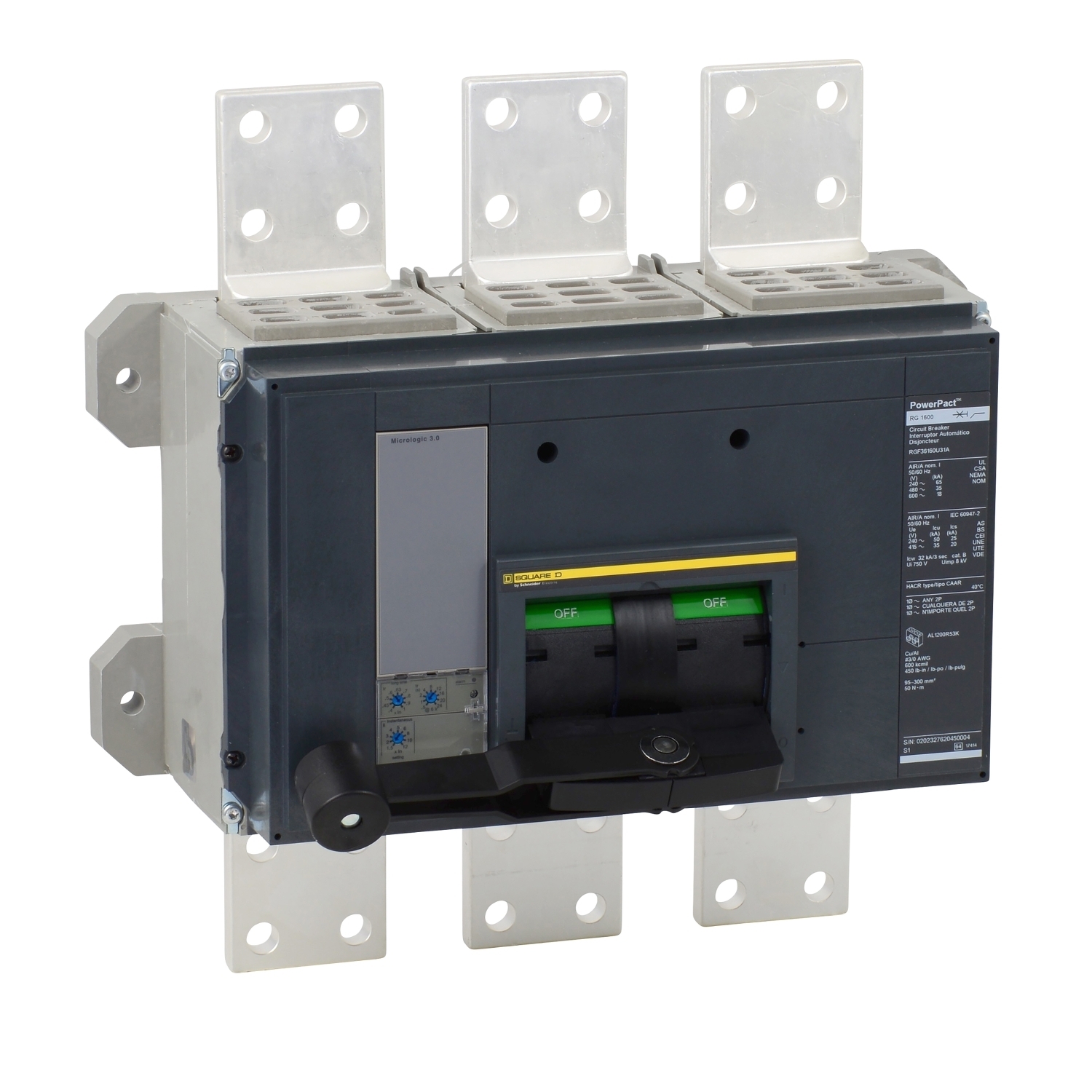 RLF36200U31A PowerPact MasterPact Molded Case Circuit Breaker, 600 V AC, 2000 A, 50 kA Interrupt, 3 Poles, Electronic Trip