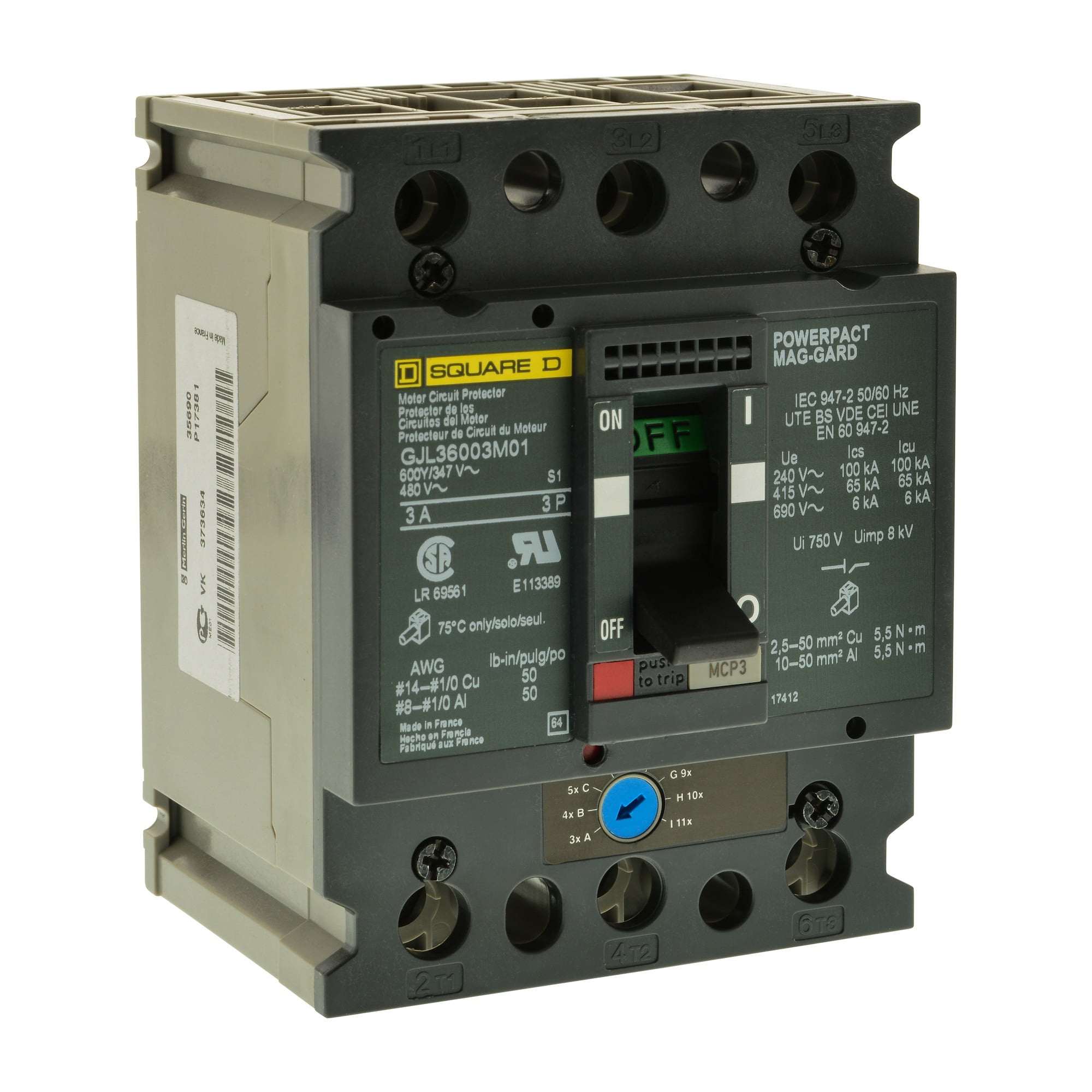 GJL36007M02 GJL Series Type GJL Circuit Protector, 600Y/347 V AC, 7 A, 3 Poles, Magnetic Trip