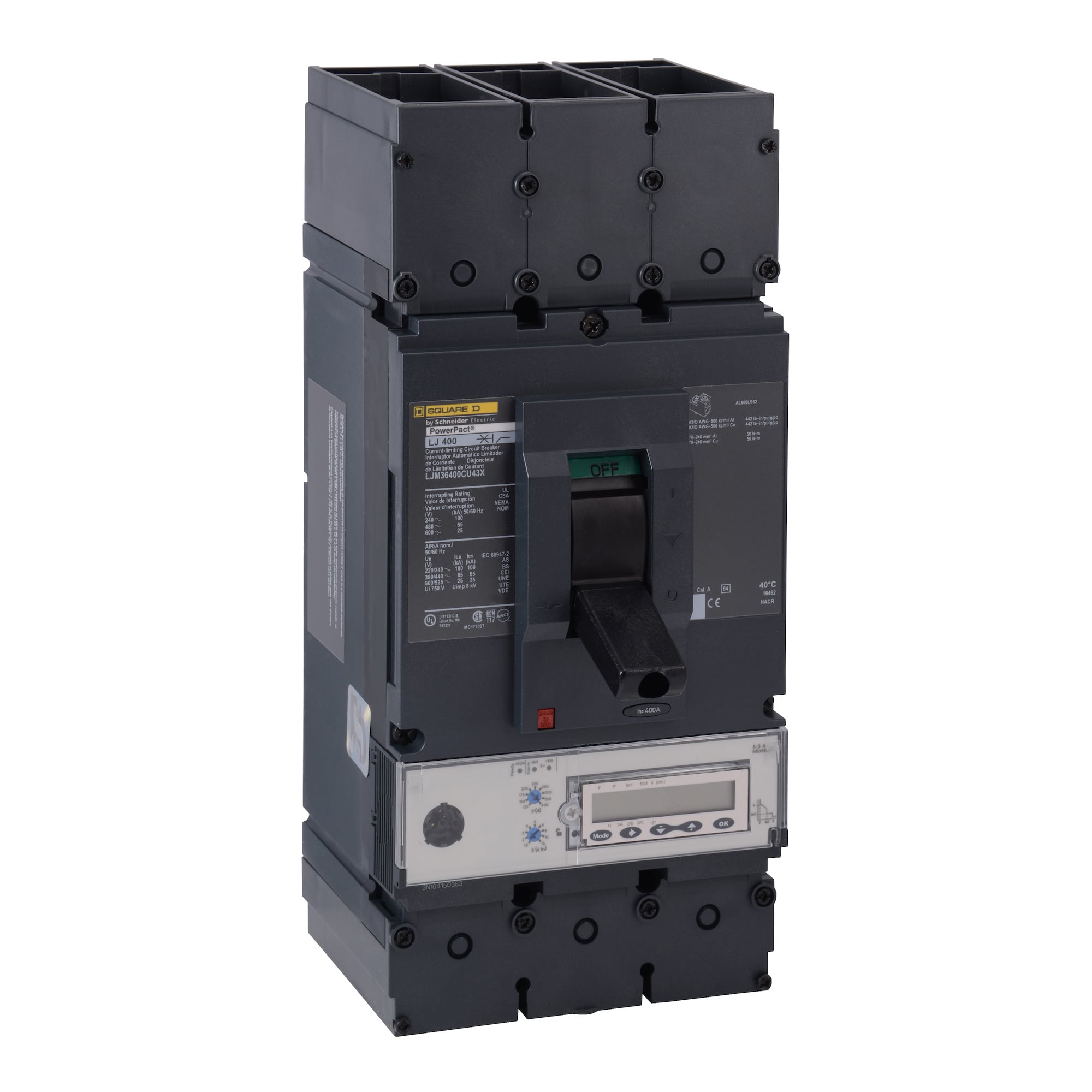 LJM36400CU43X Circuit Breaker, 600 V AC, 400 A, 65 to100 kA interrupt, 3 poles, Electronic Trip trip