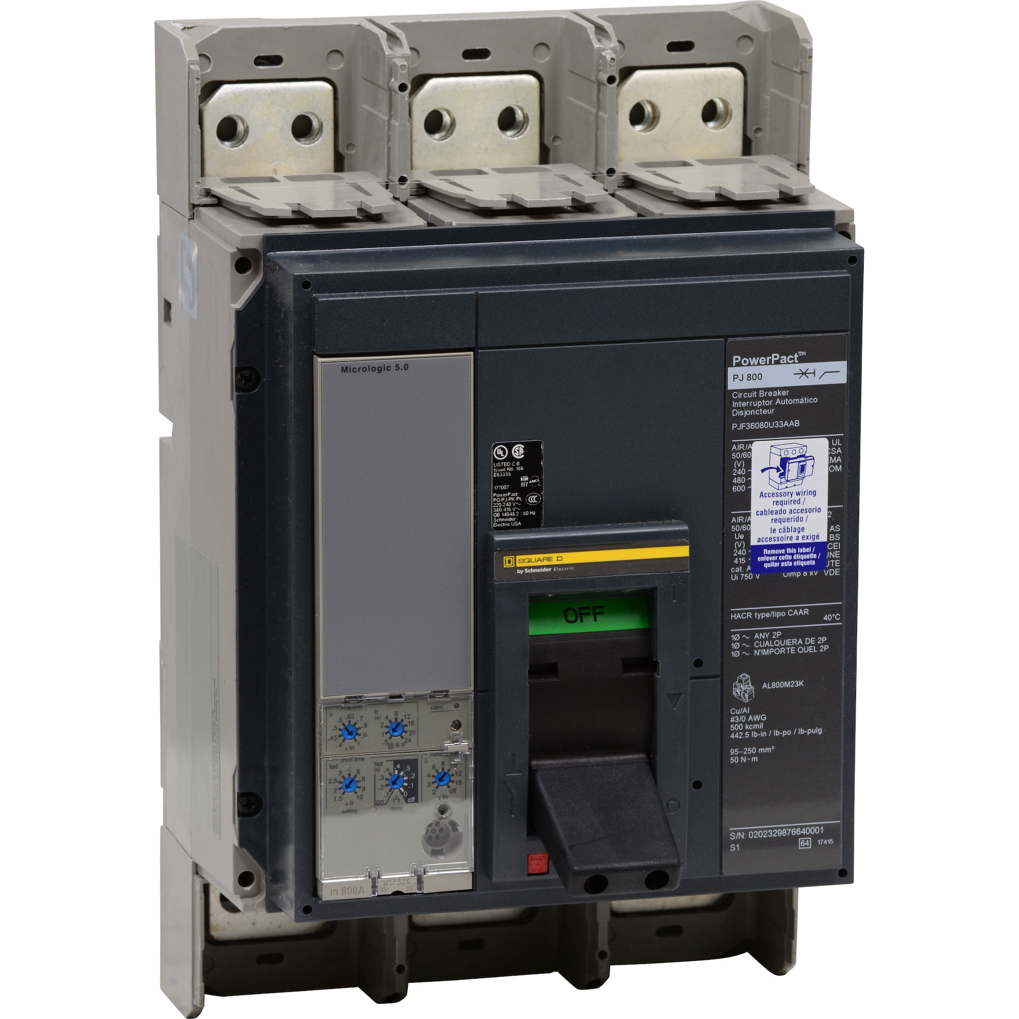 PLF34080CU33AAC A Series Circuit Breaker, 480 V AC, 800 A, 100 to 125 kA interrupt, 3 poles, Electronic Trip trip
