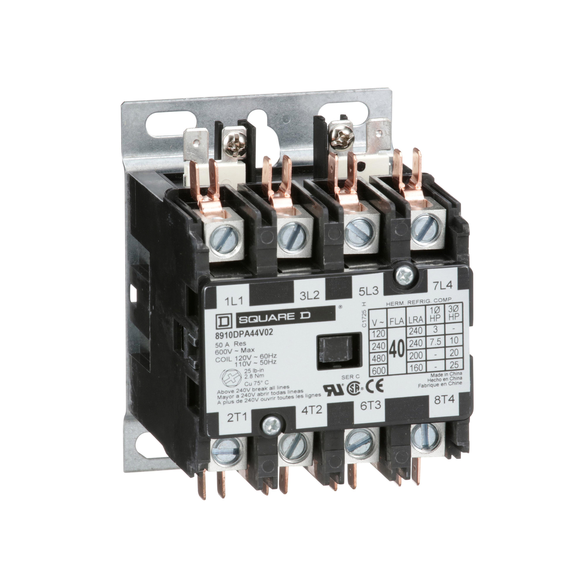 8910DPA14V04 8910 Type DPA Contactor, 277 V AC V Coil, 20 A, 4NO Contact, 4 Poles