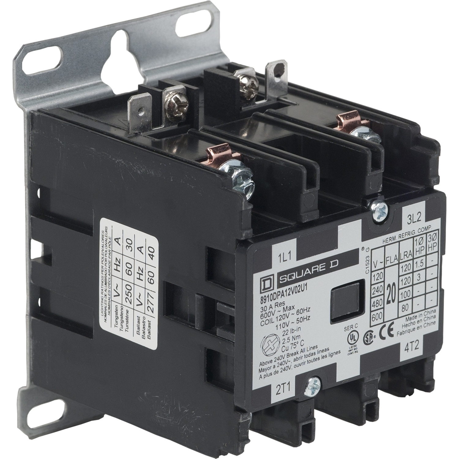 8910DPA13V02U1 8910 Type DPA Contactor, 110 V AC at 50 Hz to 120 V AC at 60 Hz V Coil, 20 A, 3NO Contact, 3 Poles