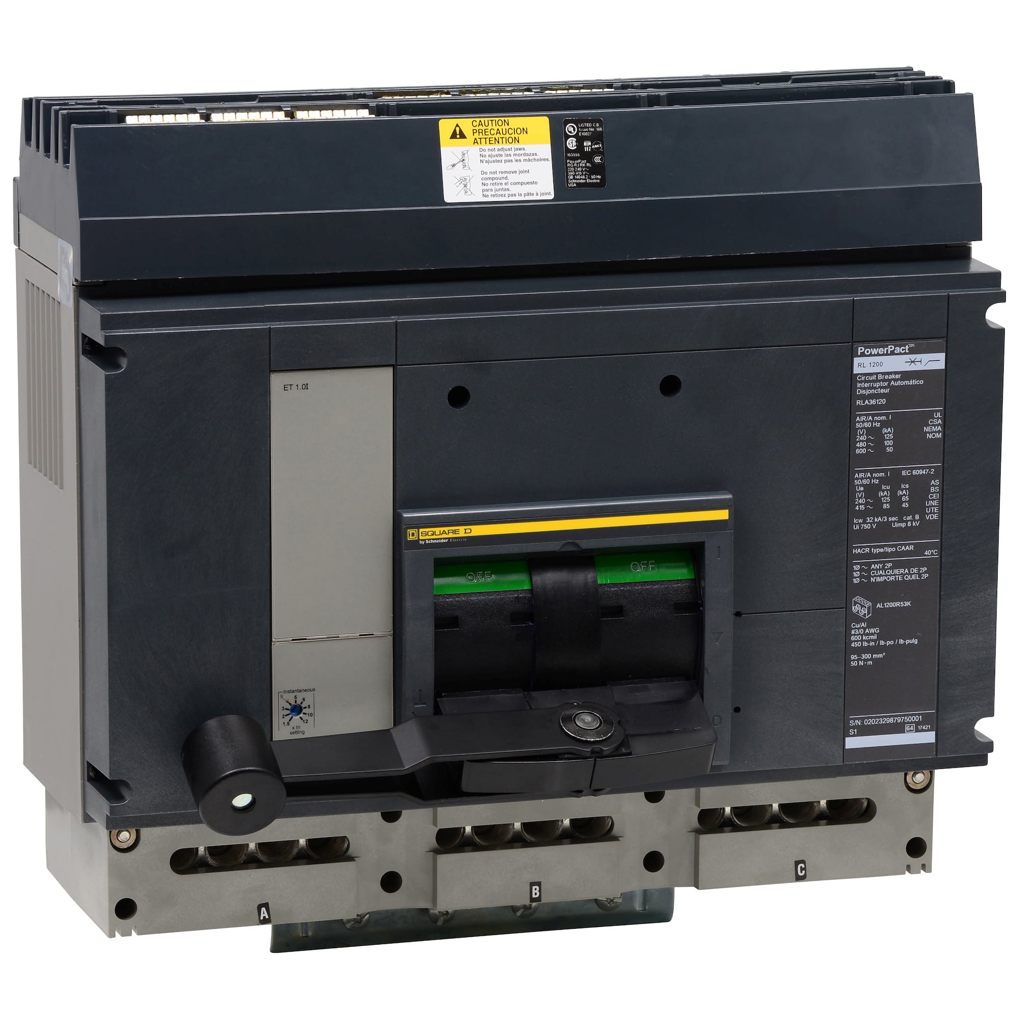RJA36120CU31AAC Circuit Breaker, 600 V AC, 1200 A, 65 to 100 kA interrupt, 3 poles, Electronic Trip trip