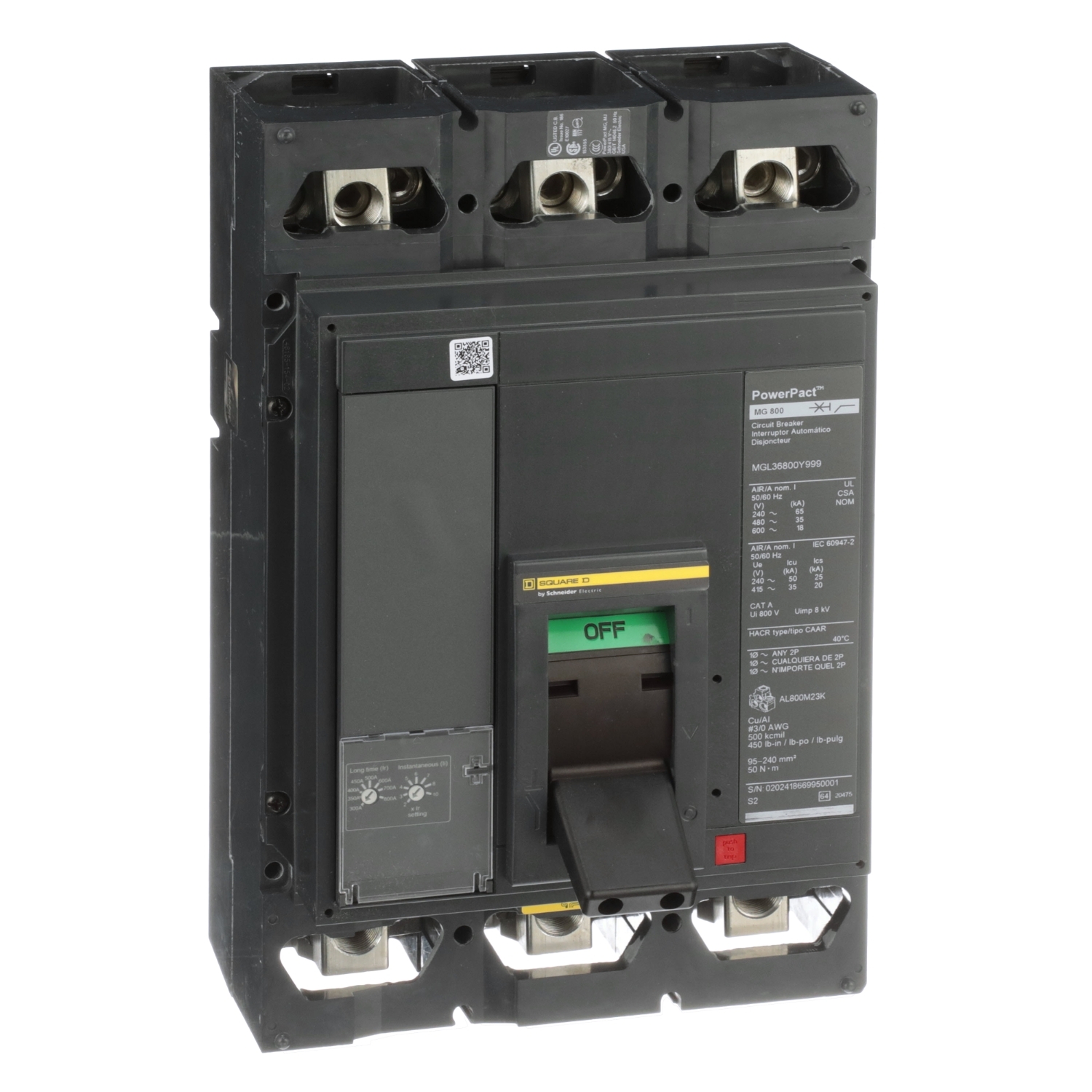 MJL36800E10 Series Circuit Breaker, 600 V AC, 300-800 A, 25 to 100 kA interrupt, 3 poles, Magnetic trip