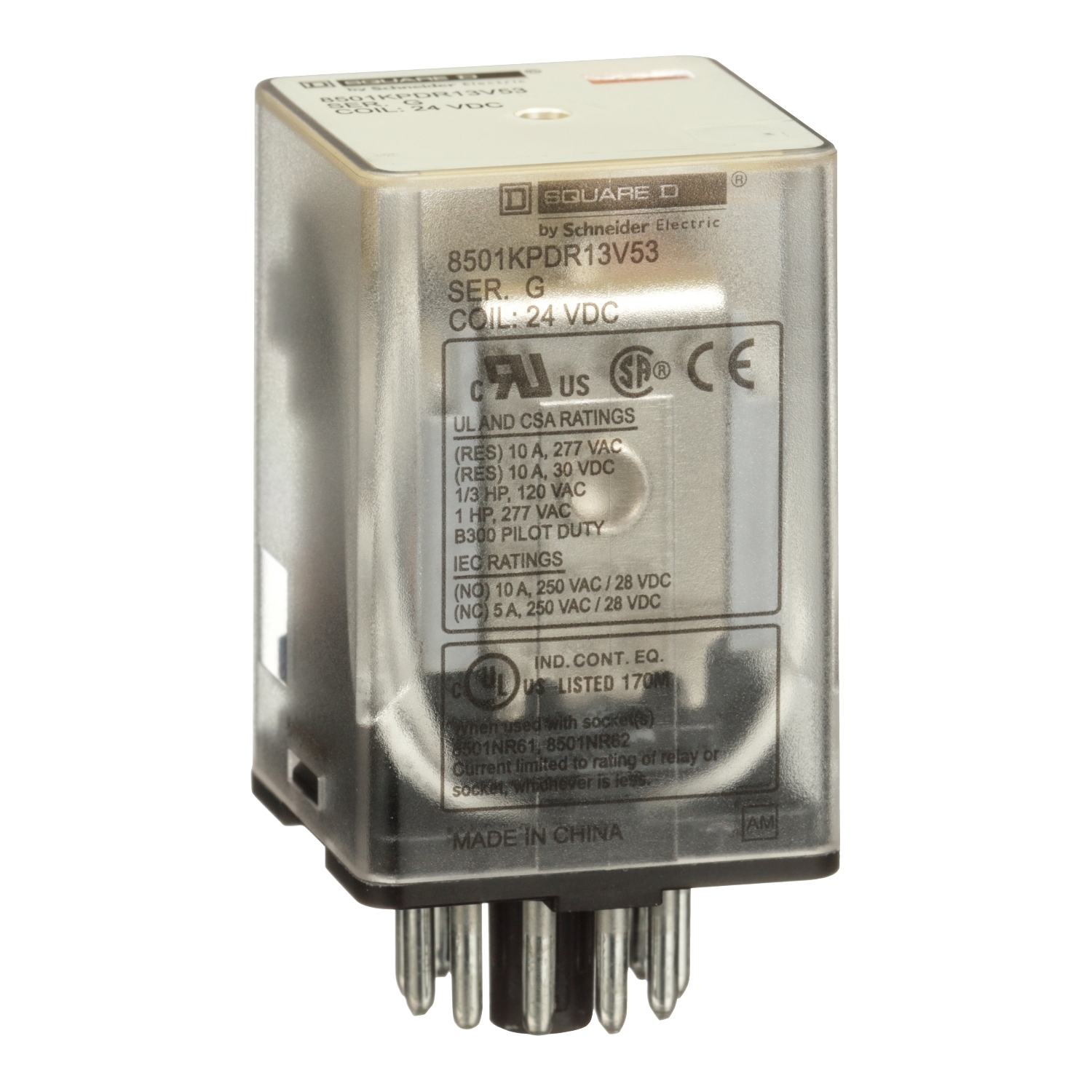 8501KPDR13V53 Type K General Purpose Relay With Standard Cover, 10 A, 11 Pin, 3CO 3 Form C 3PDT Contact, 300 V AC/30 V DC V Coil