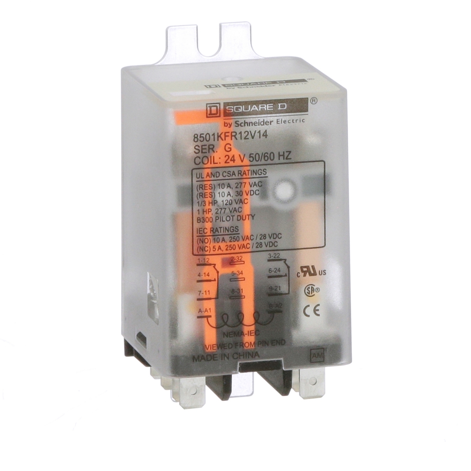 8501KFR12V14 Type K Universal Plug-In Relay, 10 A, 2CO 2 Form C DPDT Contact, 300 V AC/30 V DC V Coil