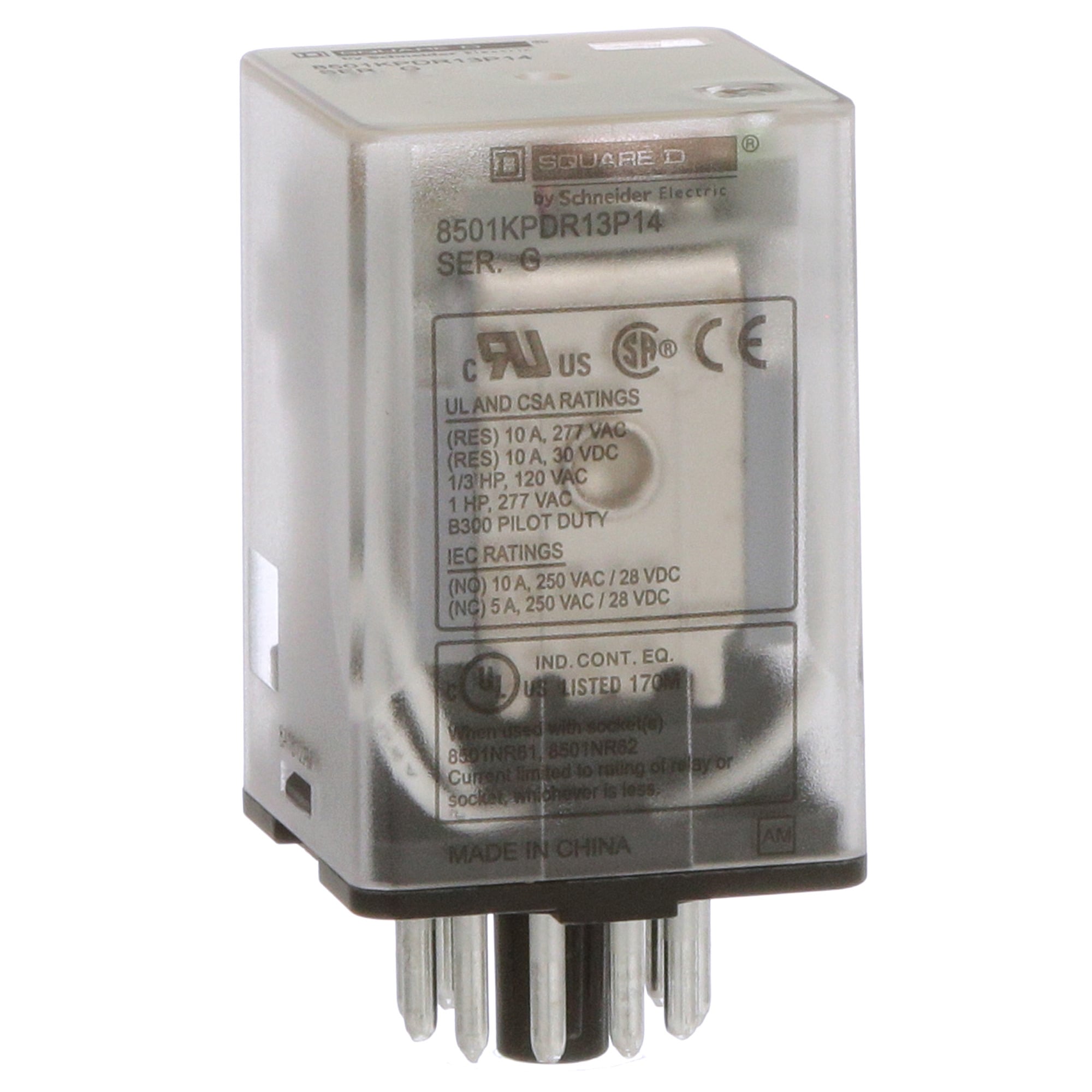 8501KPDR13P14V51 8501 Universal Plug-in, 10 A, 11 Pin, 3 Form C 3PDT Contact, 12 V DC V Coil