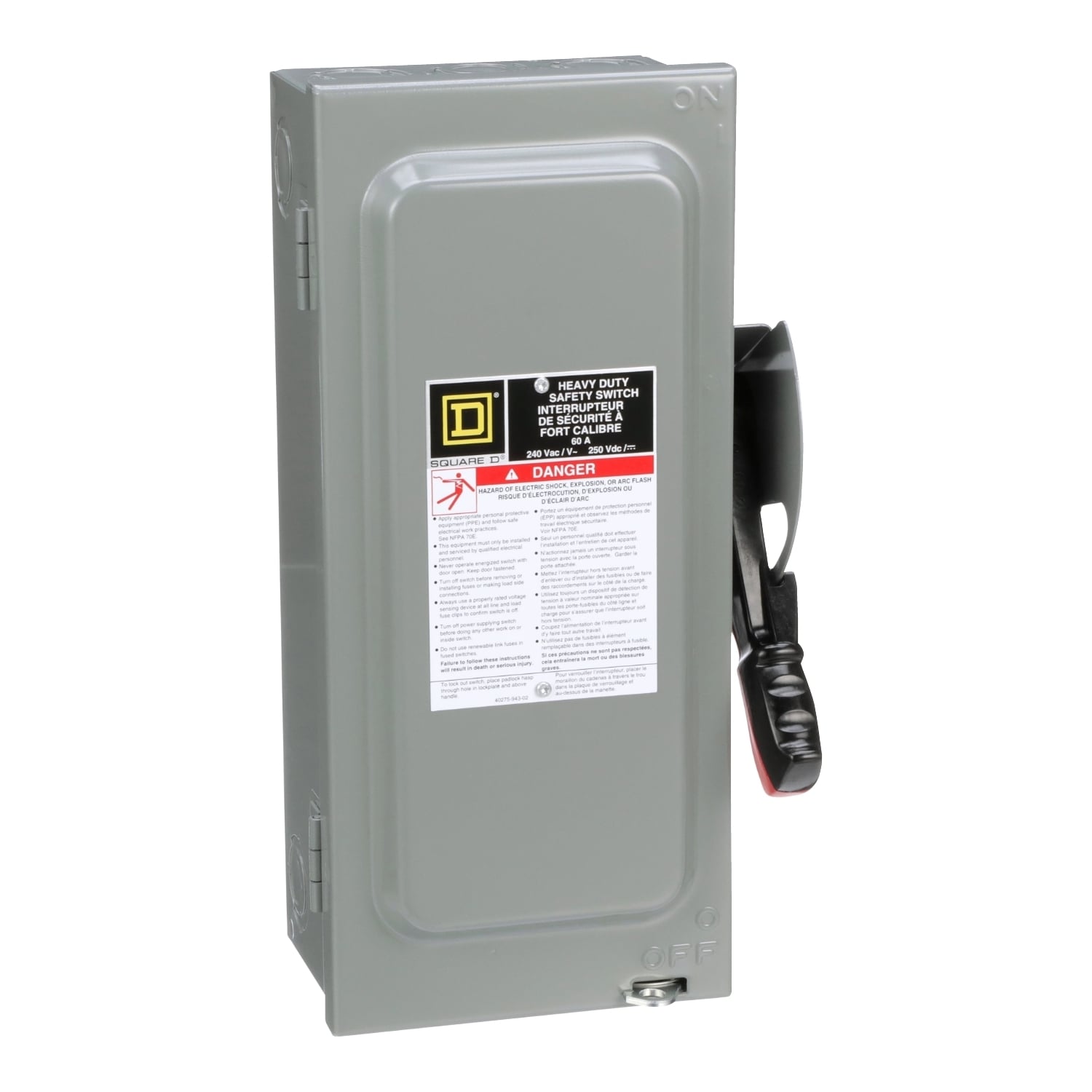 CH222N F5 Fusible General Purpose Heavy Duty Safety Switch, 240/250 VAC/VDC, 60 A, 10 hp at 240 VAC 1-Phase, 15 hp at 240 VAC 3-Phase, 10 hp at 250 VDC, 2 Poles