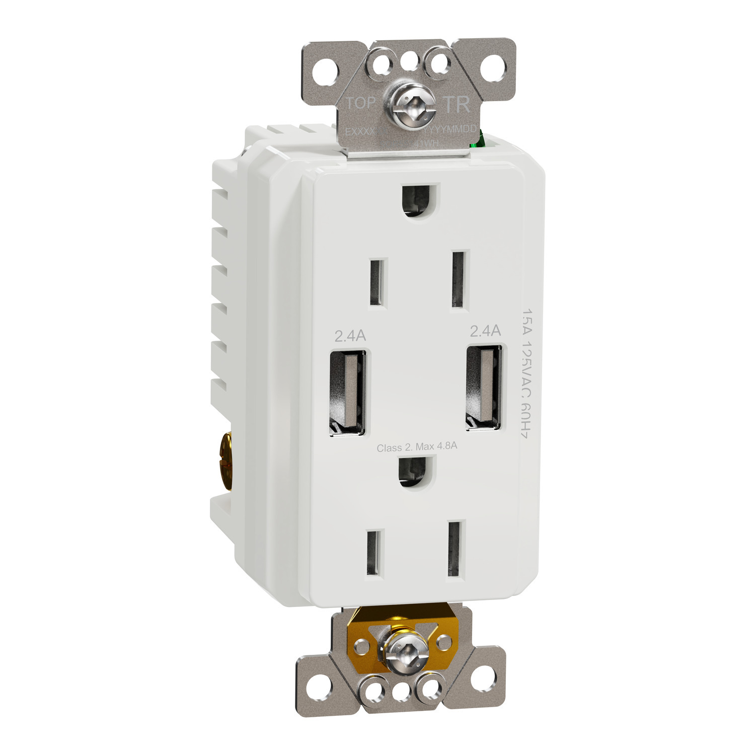 SQR55141WH X Series USB charger + socket-outlet, 125 V, 15 A, 2 x 2P + E poles, white