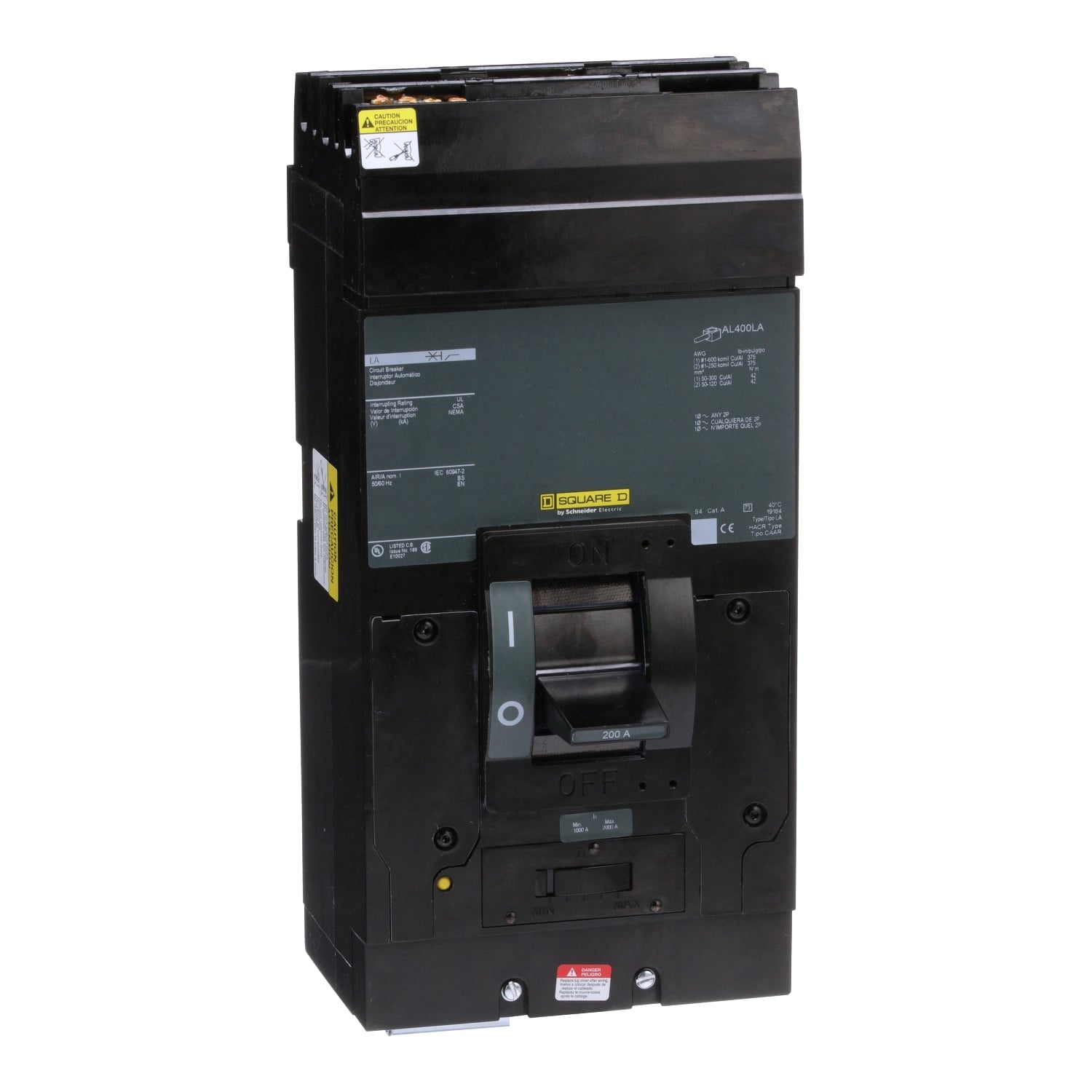 LA36125 I-Line PowerPact 3-Wire Adjustable Standard Interrupt Molded Case Circuit Breaker, 600 V AC/250 V DC, 125 A, 25/42/30 kA Interrupt, 3 Poles, Thermal Magnetic Trip