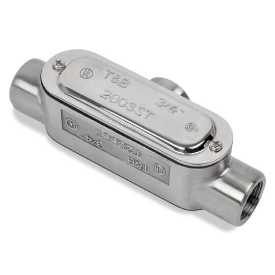 T28SST-TB T&B T Series Conduit Body, 3/4 in Hub, Form 8 Form, 9 cu-in Capacity, 316 Stainless Steel, Polished