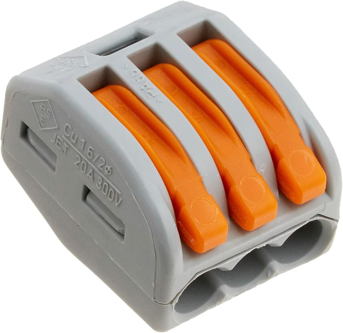 LEVER-NUTS® splicing connector; 3-conductor with operating levers; 28-12 AWG; gray housing; Jar of 250 pieces