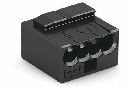 4-wire connector - Wago (243 series) - for solid conductor 0.8mm diam. / for #22AWG...#20AWG - Rated current (IEC) 6A - Dark Gray color - with PUSH WIRE spring connections
