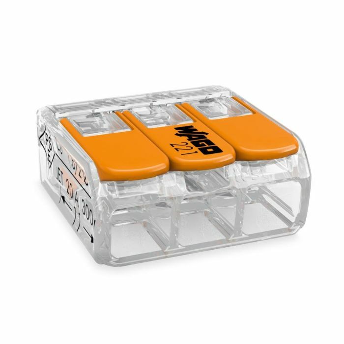 LEVER-NUTS® splicing connector; 3-conductor with operating levers; 24-12 AWG; transparent housing; Clam shell of 10 pieces