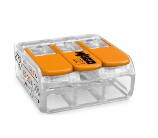 LEVER-NUTS® splicing connector; 3-conductor with operating levers; 24-12 AWG; transparent housing; Jar of 350 pieces