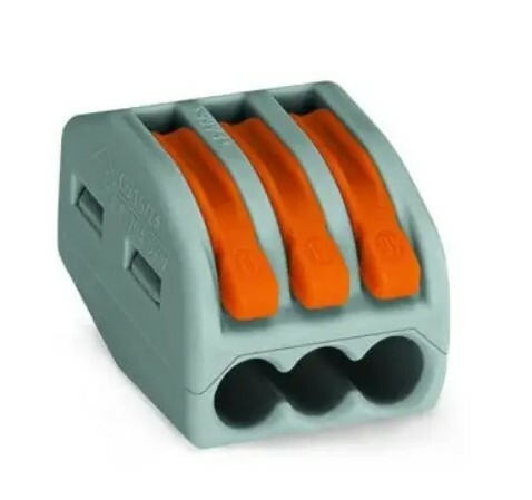 LEVER-NUTS® splicing connector; 3-conductor with operating levers; 28-12 AWG; gray housing; Clam shell of 5 pieces