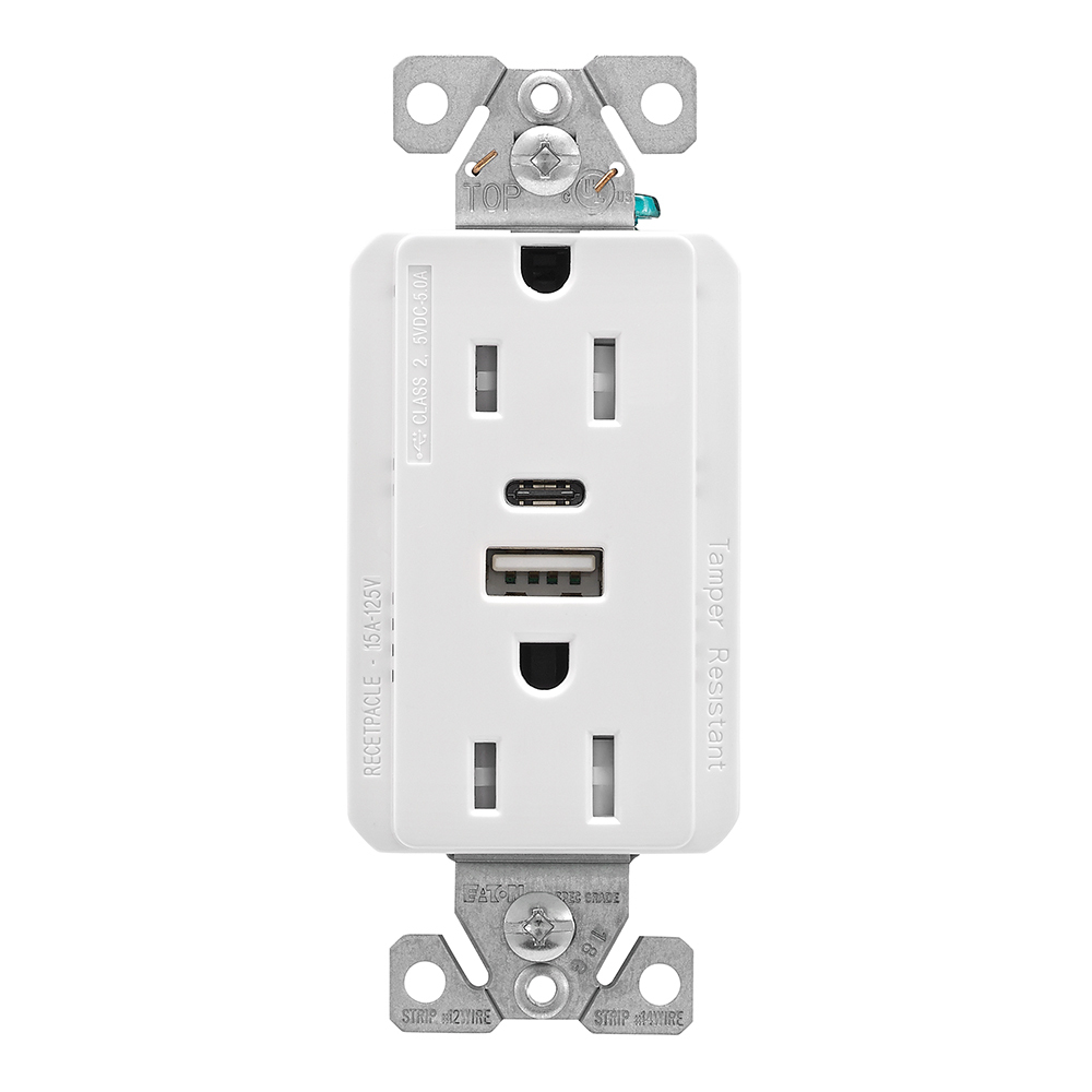 TRUSBAC15W-BOX Duplex Receptacle, 15 A 125 V AC, 2 Poles, 3 Wires, White
