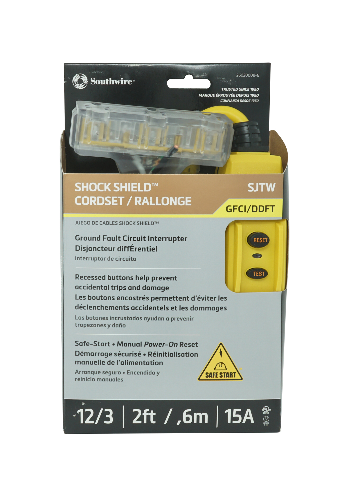 26020008-6 In-Line Protected GFCI Tri-Cord, 120 V AC, 15 A, 1 Pole, 3 Wires, Yellow