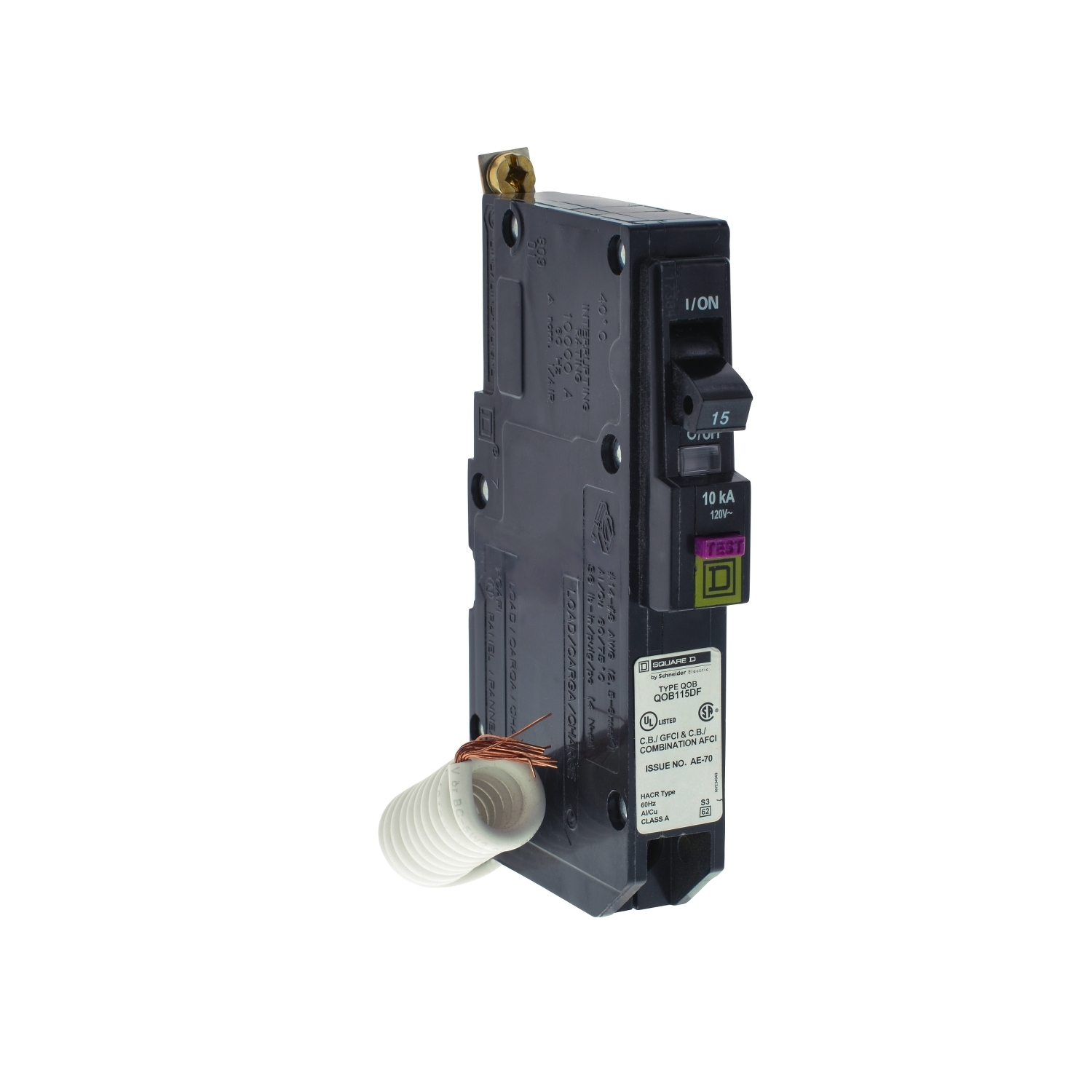 QOB115DF Type QOB AFI Combination Miniature Circuit Breaker, 120 V AC, 15 A, 10 kA Interrupt, 1 Poles, Thermal Magnetic Trip