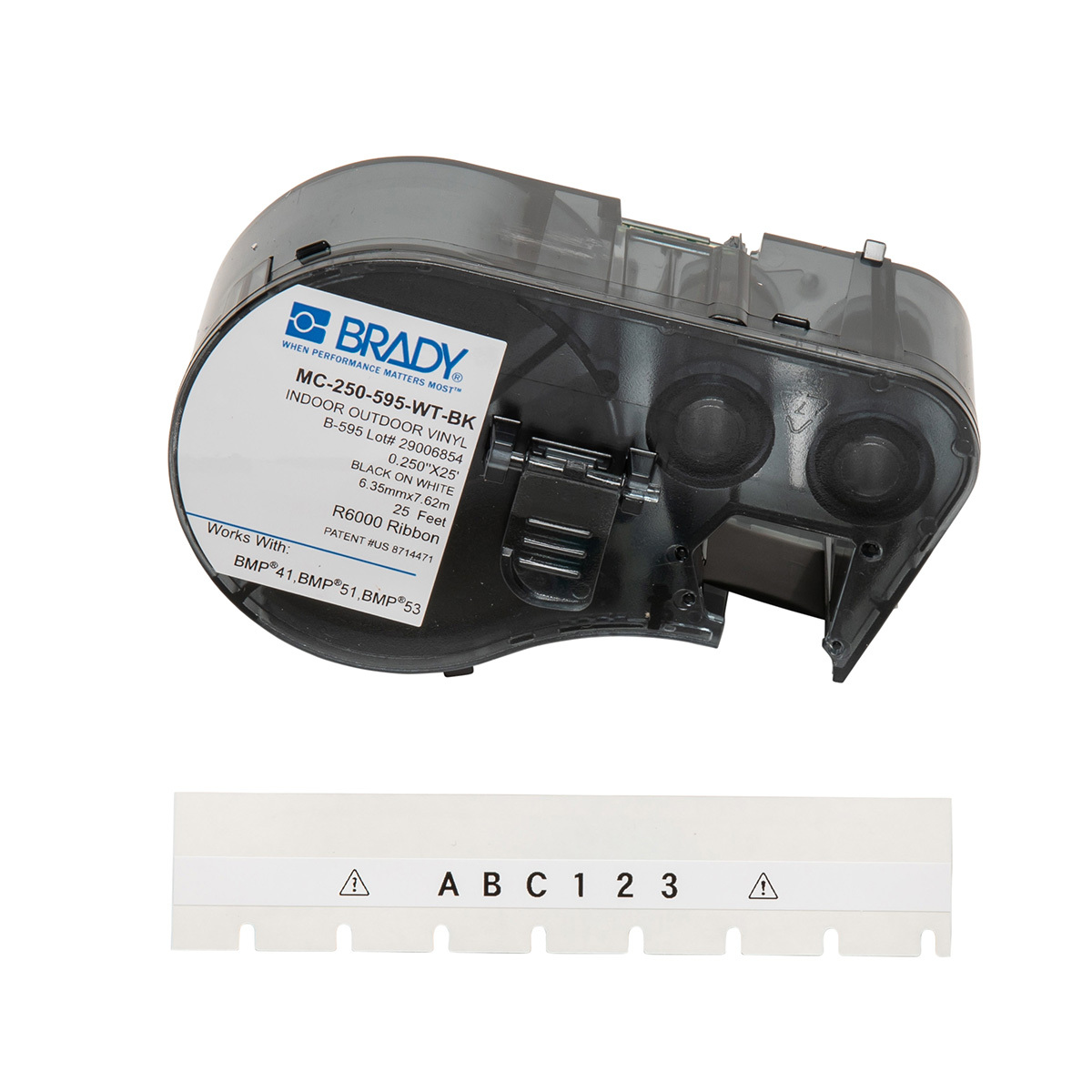 MC-250-595-WT-BK Label, 25 ft L x 1/4 in W, White, B-595 Vinyl