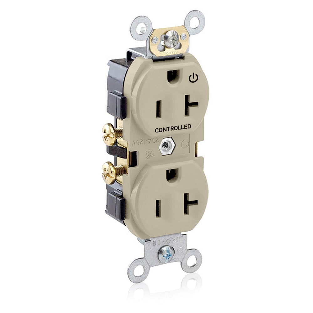 CR020-1PT Duplex Self-Grounding Straight Blade Receptacle With 1 Plug Controlled Markings, 125 V AC, 20 A, 2 Poles, 3 Wires, Light Almond