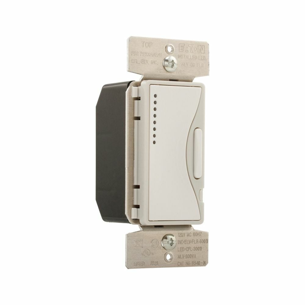 Eaton smart dimmer, Flush mounting, 120V, Wire leads, Maintained closure, White satin, 60 Hz, Dimmable LED/CFL, incandescent/halogen/electronic and magnetic low voltage, Single-pole, multi-location, Polycarbonate, 300W, 600W 742088