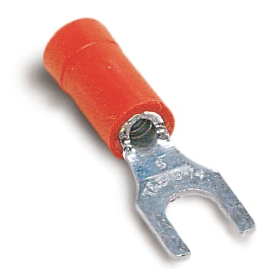 TV18-10F-L Catamount Fork Terminal, 22 to 16 AWG Conductor, 0.866 in L, Brazed Seam/Funnel Entry/Internal Serration Barrel, Copper, Red