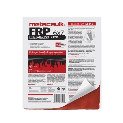 66340 Metacaulk Fire Rated Putty Pad, Composition: Triazine Triamine Phosphate, Calcium Borate, Polyphosphoric Acid, Isodecyldiphenyl Ester, Up to 3 hr Fire Rating, Red, 0 to 120 deg F, <10 g/L VOC