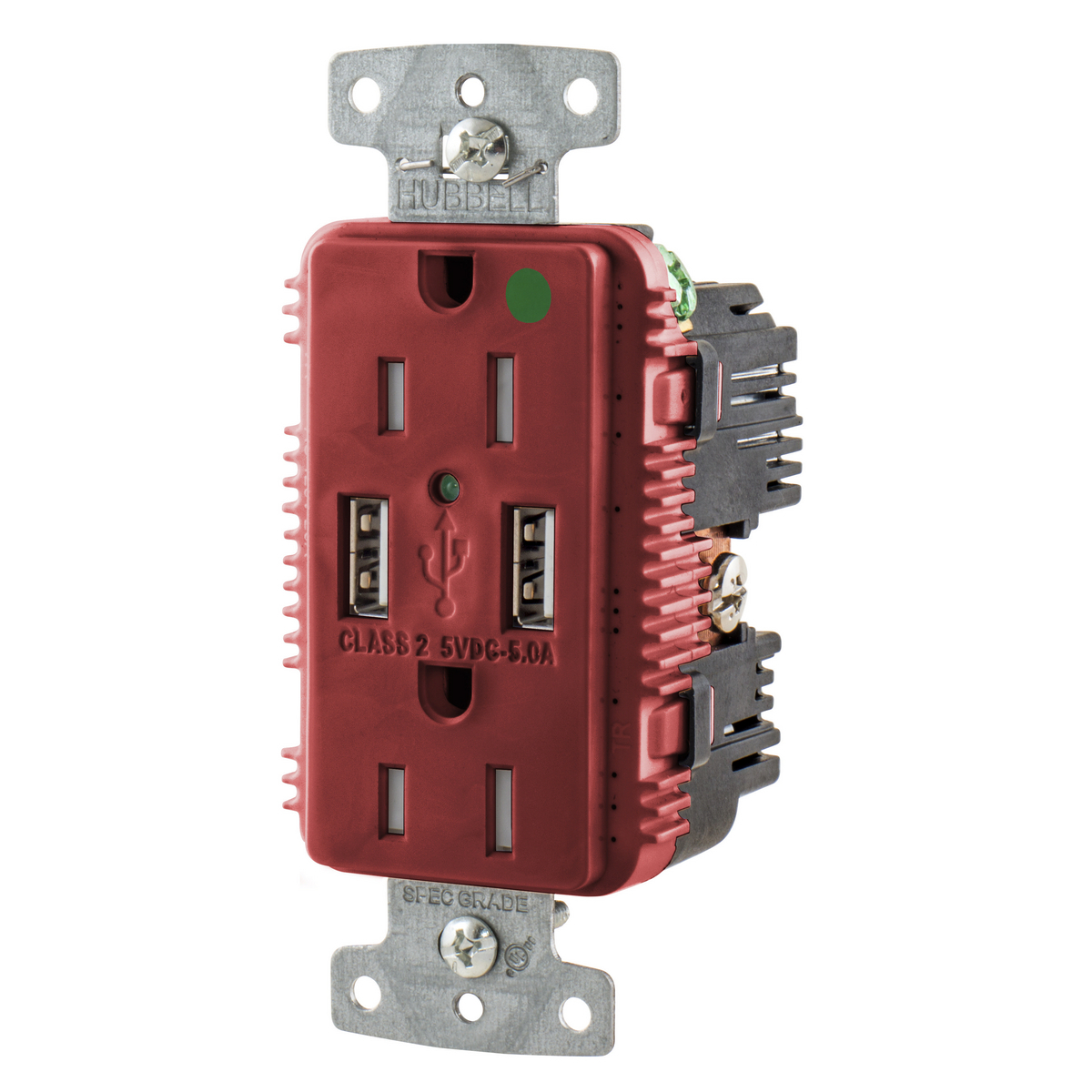 USB8200A5R Duplex Grounding Tamper-Resistant USB Charger Receptacle With Green LED and Pilot Pin, 250 V AC, 60 A, 0.5 hp, 15750 W, 3 Phase, 2 Poles, 3 Wires, Red