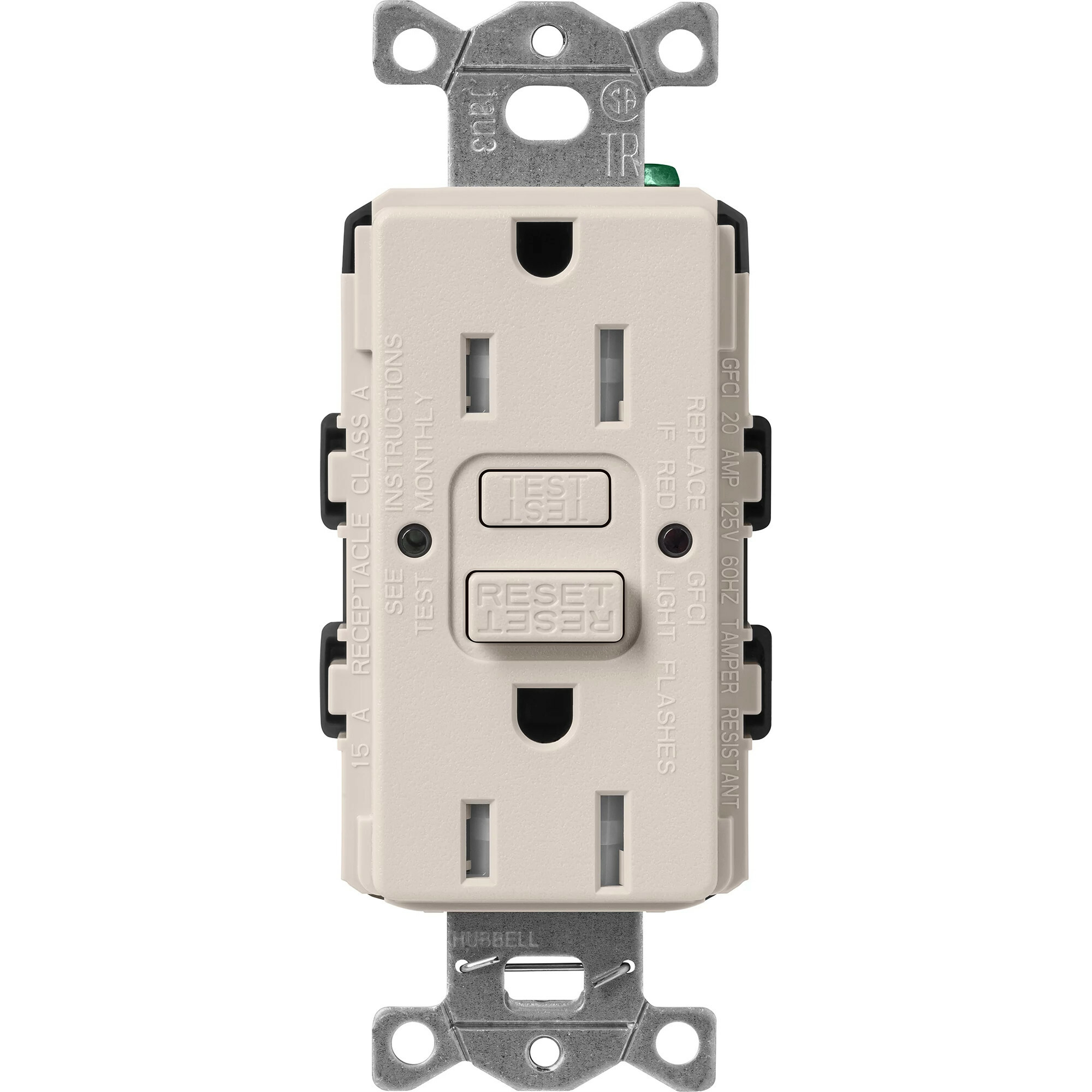 SCR-15-GFST-TP Claro Tamper-Resistant GFCI Duplex Receptacle, Decorator-Style Outlet, 15 Amp, Self-Testing, Satin, Taupe